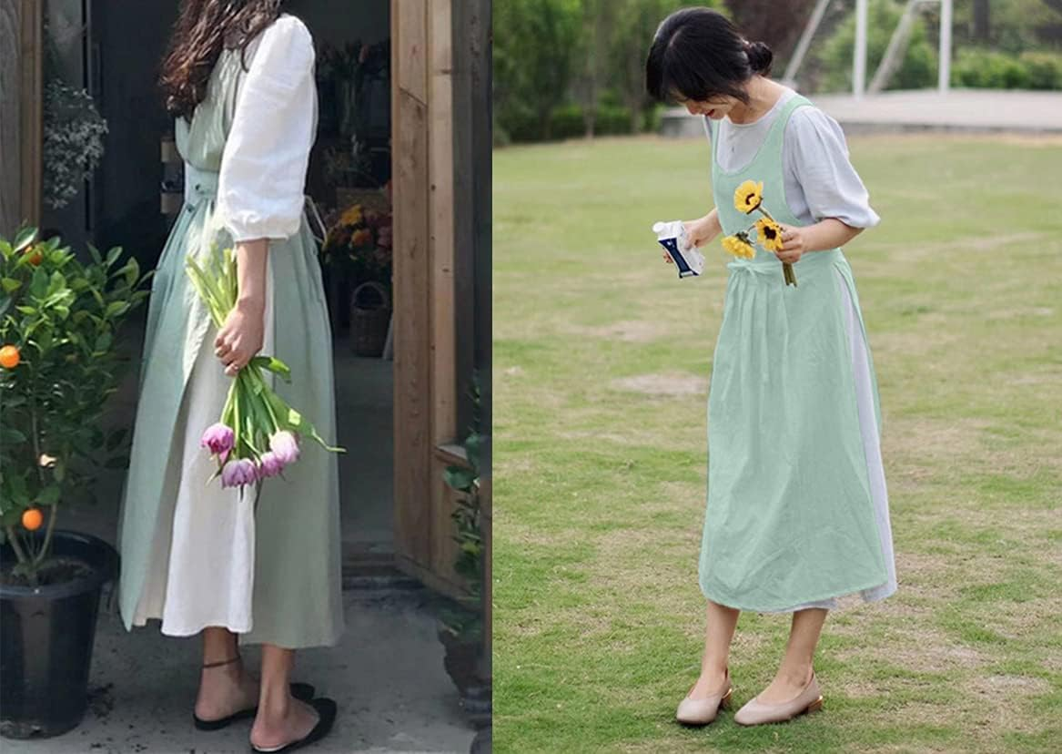 Women Girls Vintage Pleated Split Apron V Neck Gardening Works Cotton Overall Smock Pinafore Dress