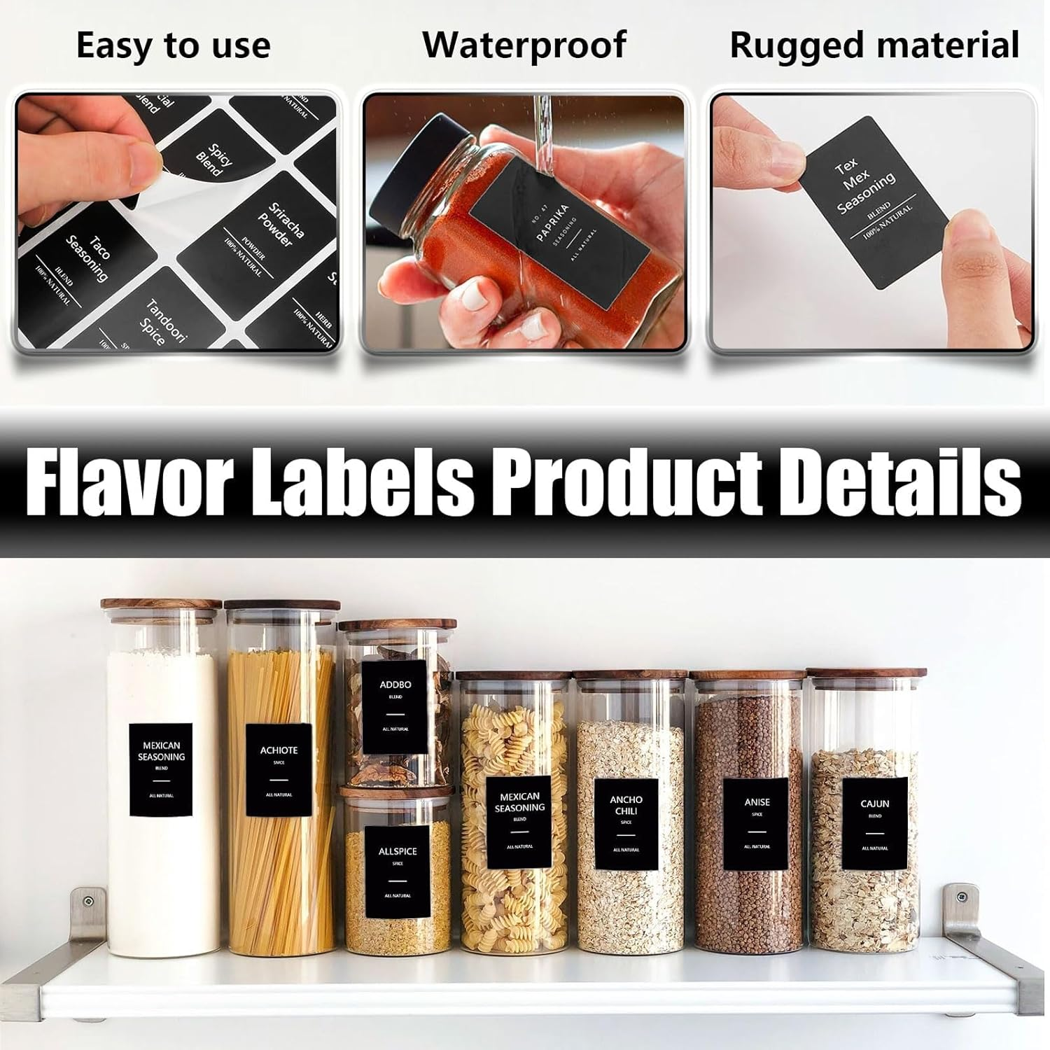 Spice Jar Labels, 192 Pcs Kitchen Jar Stickers, Seasoning Labels for round or Rectangular Jars 36 * 50Mm (Black) image number 6