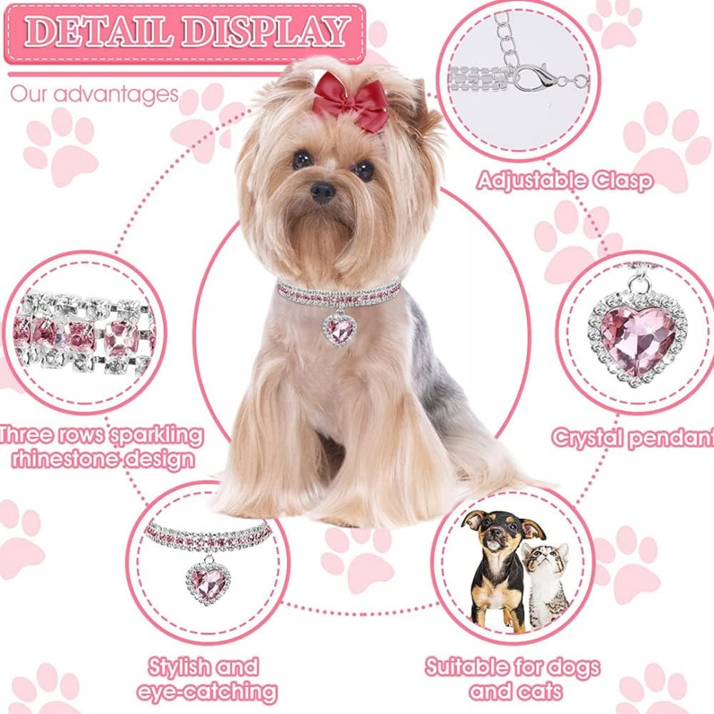 2 Pack Diamond Collar for Cat Bling Pet Dog Collar Fashion Crystal Diamond Adjustable Rhinestone Cat Necklace Cat Collars for Puppy Kitten (Heart,S) image number 1