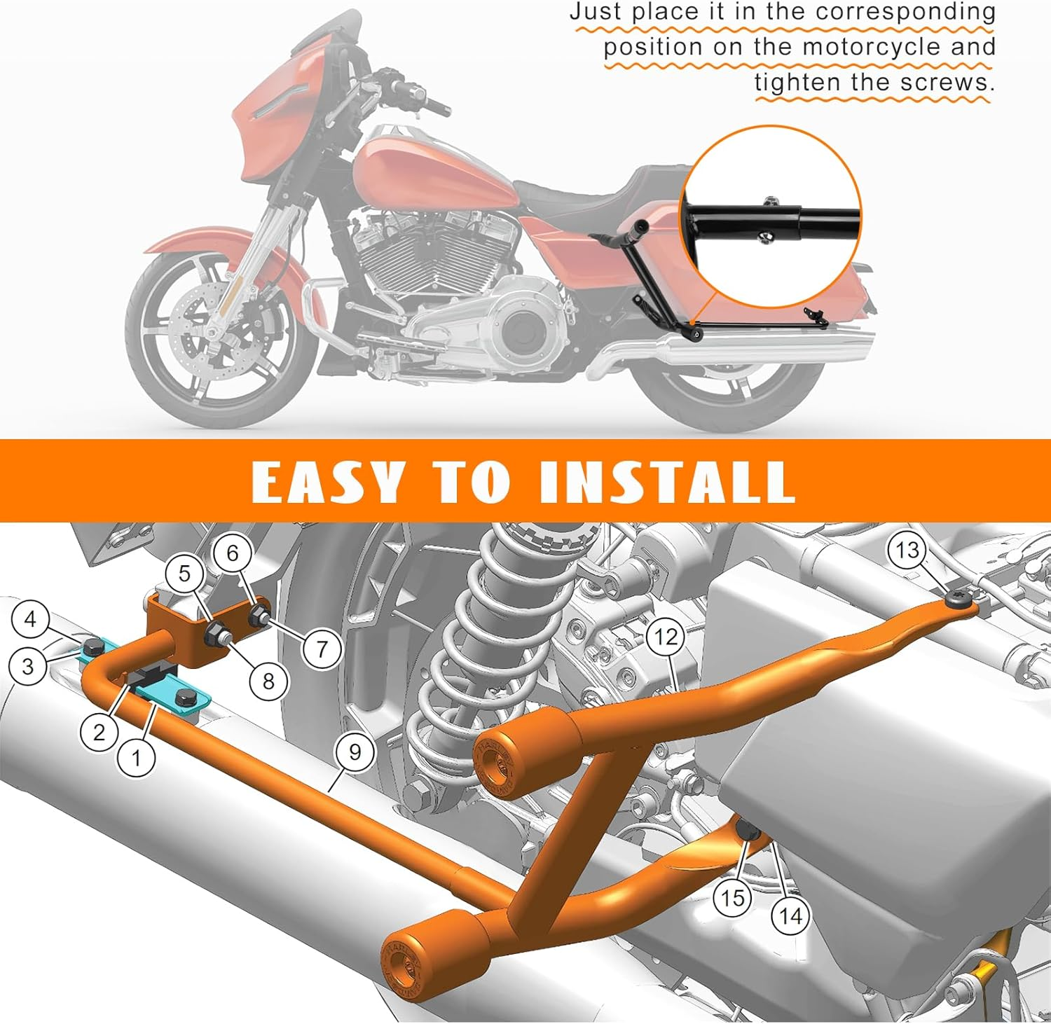 Saddlebag Guards Crash Bars Tip-Over Bar Rails Rear Saddlebag Support Bracket Protection Kit for Harley Touring Road King Street/Road/Electra Glide Ultra Classic Ultra Limited 2014-2025 image number 1