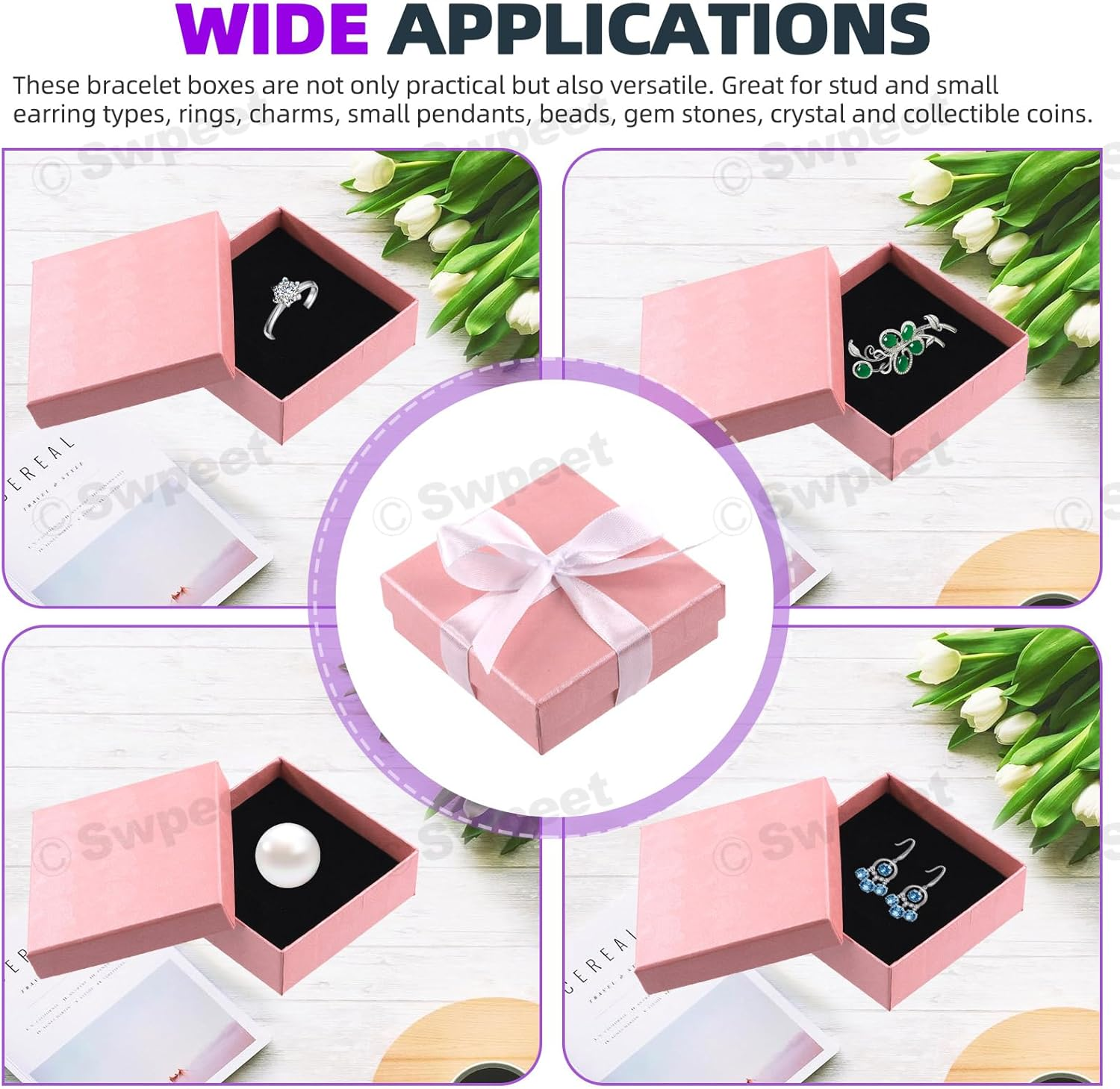 Swpeet 12Pcs Pink 3.5 X 3.5 X 1.2Inch Fan Pattern Cardboard Jewelry Gift Boxes with Scissors and Polyester Ribbon Assortment Kit, Necklace Earring Bracelet Boxes Gift Case for Jewelry Storage - Pink image number 6