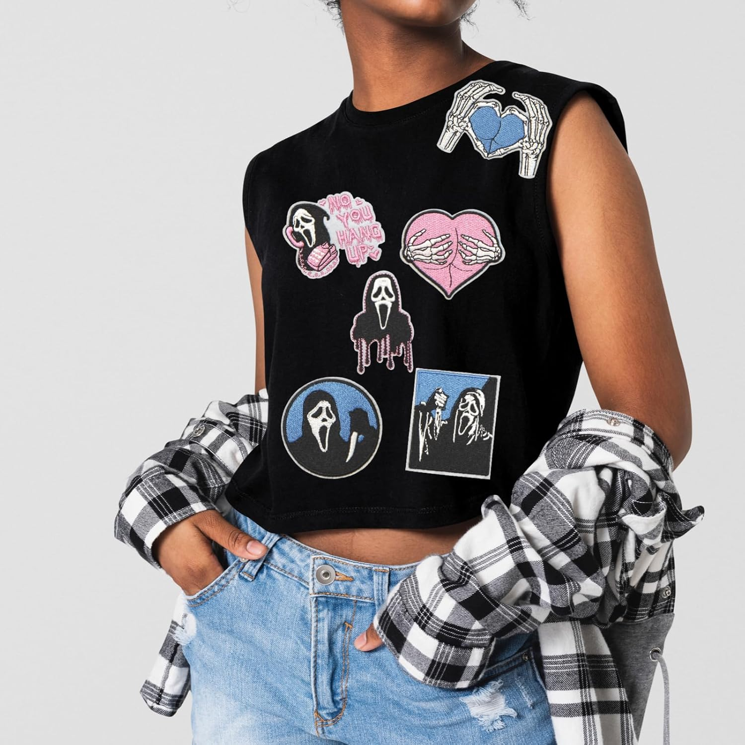 HEYTRCO 8PCS Ghost Iron on Patches, Scary Pink Blue Dark Hang up Embroidered Repair Patches for Clothes, Vintage Custom Badge Heart Applique for Hats, Jeans, Jackets, Bags, Backpacks, Dress, Shoes image number 5