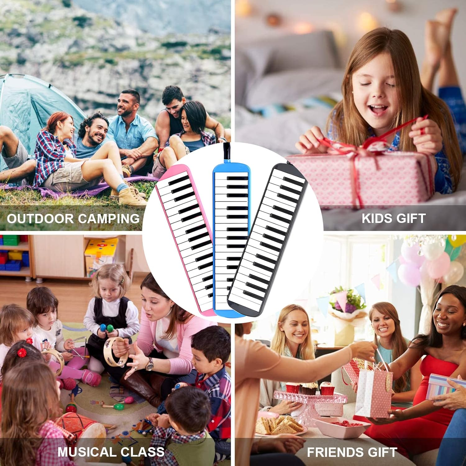 Vilihy Melodica 32 Key Pianica Portable with Carrying Bag Short and Long Mouthpieces for Beginners Kids Gift(Pink) - Blue image number 4