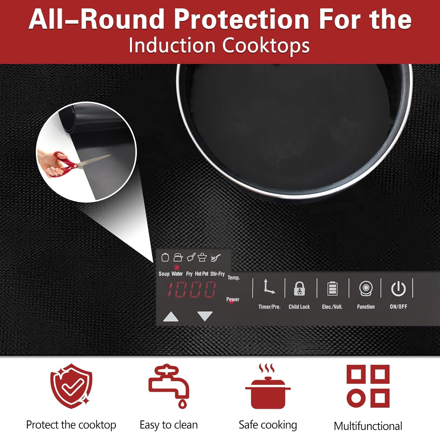 Westch 40X60Cm Large Induction Protective Mat, Silicone, Non-Slip, Heat-Insulated, Black, Induction Hob Protector, Induction Mat image number 1