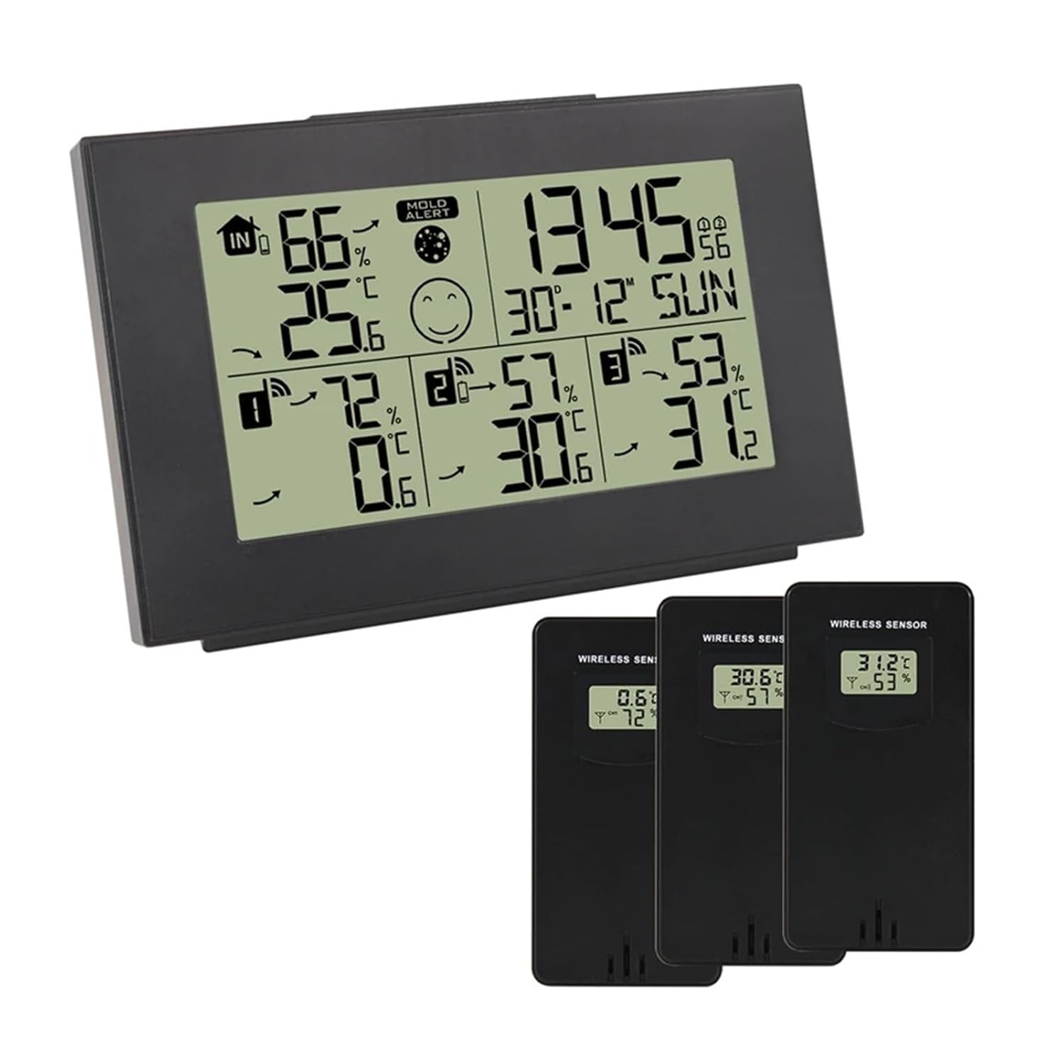 Dual Alarm Clock Weather Station Indoor/Outdoor Digital LCD Thermometer Hygrometer Trend Alert 3 Wireless Sensors image number 1