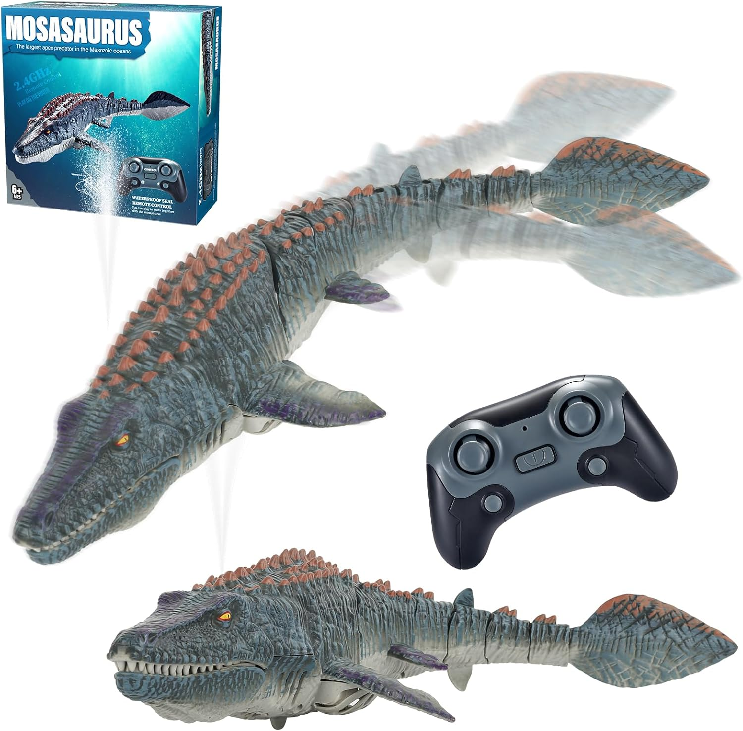 Remote Control Dinosaur Toys, High Simulation Dinosaur Toy with LED Lights for Swimming Bath Lake Ocean RC Boat Toys, 2.4Ghz Aquatic Remote Control Dinosaur Toys for Kids