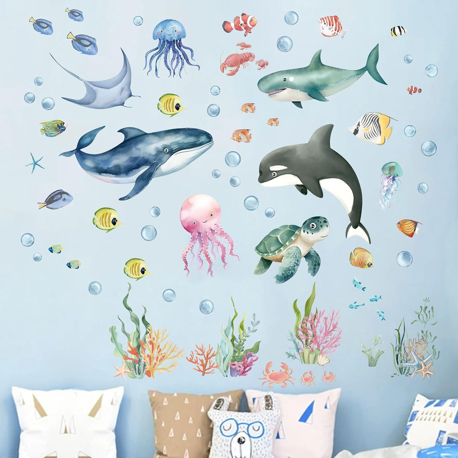 Under the Sea Wall Decals - Marine Theme Shark Whale Fish Sea Turtle Ocean Wall Stickers - Bathroom Baby Nursery Kids Bedroom Daycare Wall Decor image number 1