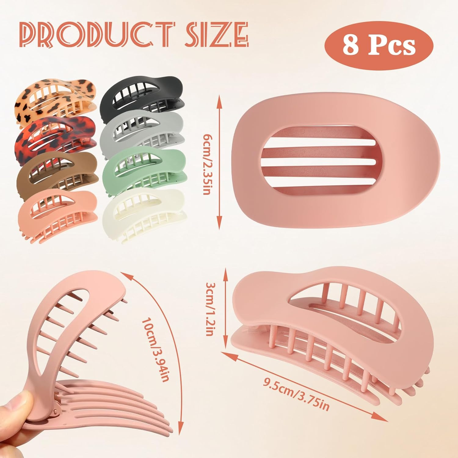 Women'S Hair Clips, Pack of 8 Hair Clips, Solid Colour, Non-Slip, Large Flat Claw Clip, Leopard Print, Flat Hairs Claw Clip, French Matt, Elegant for Everyday, Sports, Driving