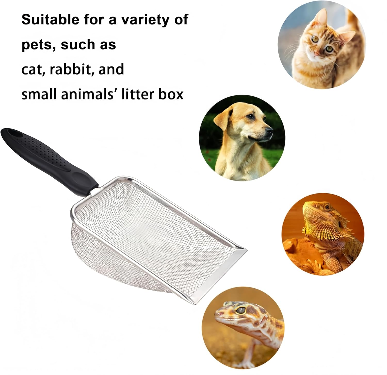 Pet Cleaning Tools Sand Draining Pet Litter Cleaner Holes Magnetic Window Cleaner Handheld Sand Sifter Spot Coop Cat Sand Sieve Reptile Litter Cleaner Stainless Steel Black image number 2