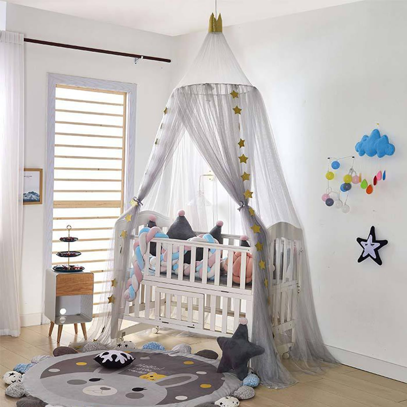 Crown Bed Canopy Mosquito Net with round Dome, Curtain Court Canopy with Stars Decor for Baby Crib, Kid Bed, Play Tent, Children Reading Nook Canopies Indoor, Hanging Bed Net Decoration (Grey)