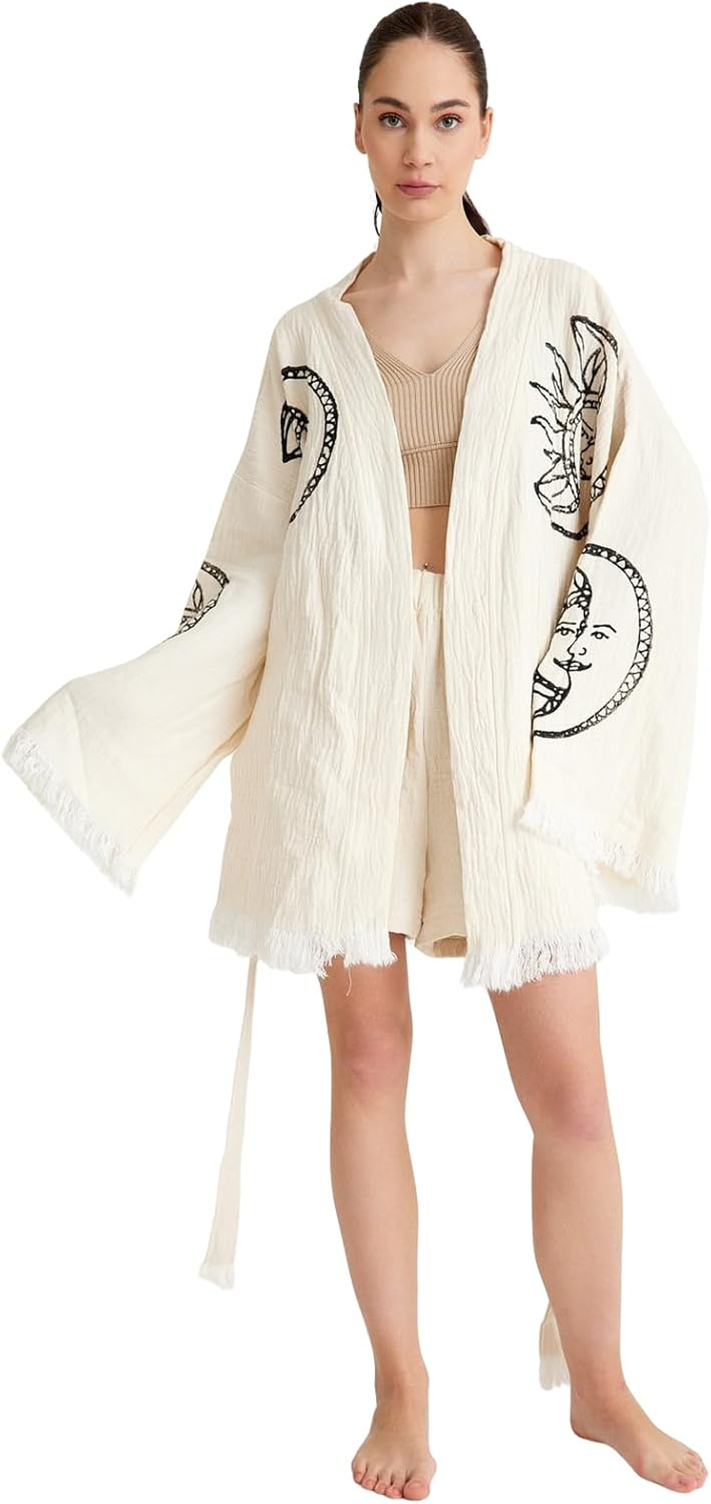 Barooga Beach Kimono Short Kaftan for Women &ndash; 100% Cotton Boho Cardigan, Open Front Kimono Robe, Sun & Moon Embroidered Beach Cover-Up, Spa Morning Robe, Bikini Swimsuit Cover-Up &ndash; Beige, One Size image number 1