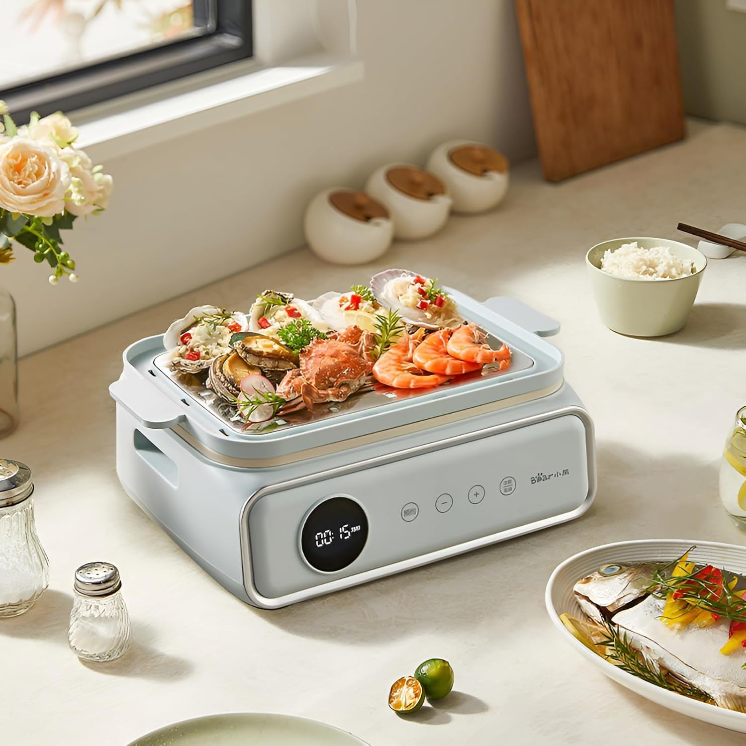 Multifunctional Electric Food Steamer 21.5L Large Capacity, with 3-Layer Steamer, 24H Reservation and Smart Timer, 1200W Fire Heating Stainless Steel Steamer，Blue - 3-Layer Blue image number 3