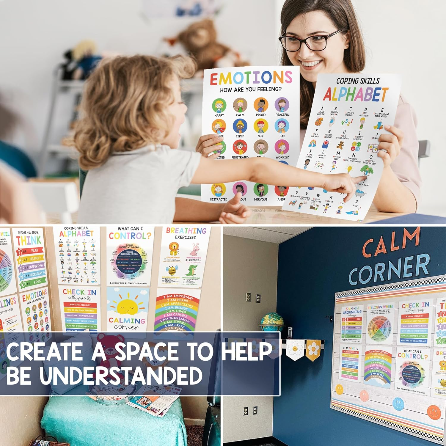 BEAWART 12 Calming Corner Classroom Posters (10X14) - Feelings Wheel Chart & Emotions Poster for Kids, Calm down Corner Supplies for Therapy Office Decor, Mental Health Wall Decorations for Preschool image number 4