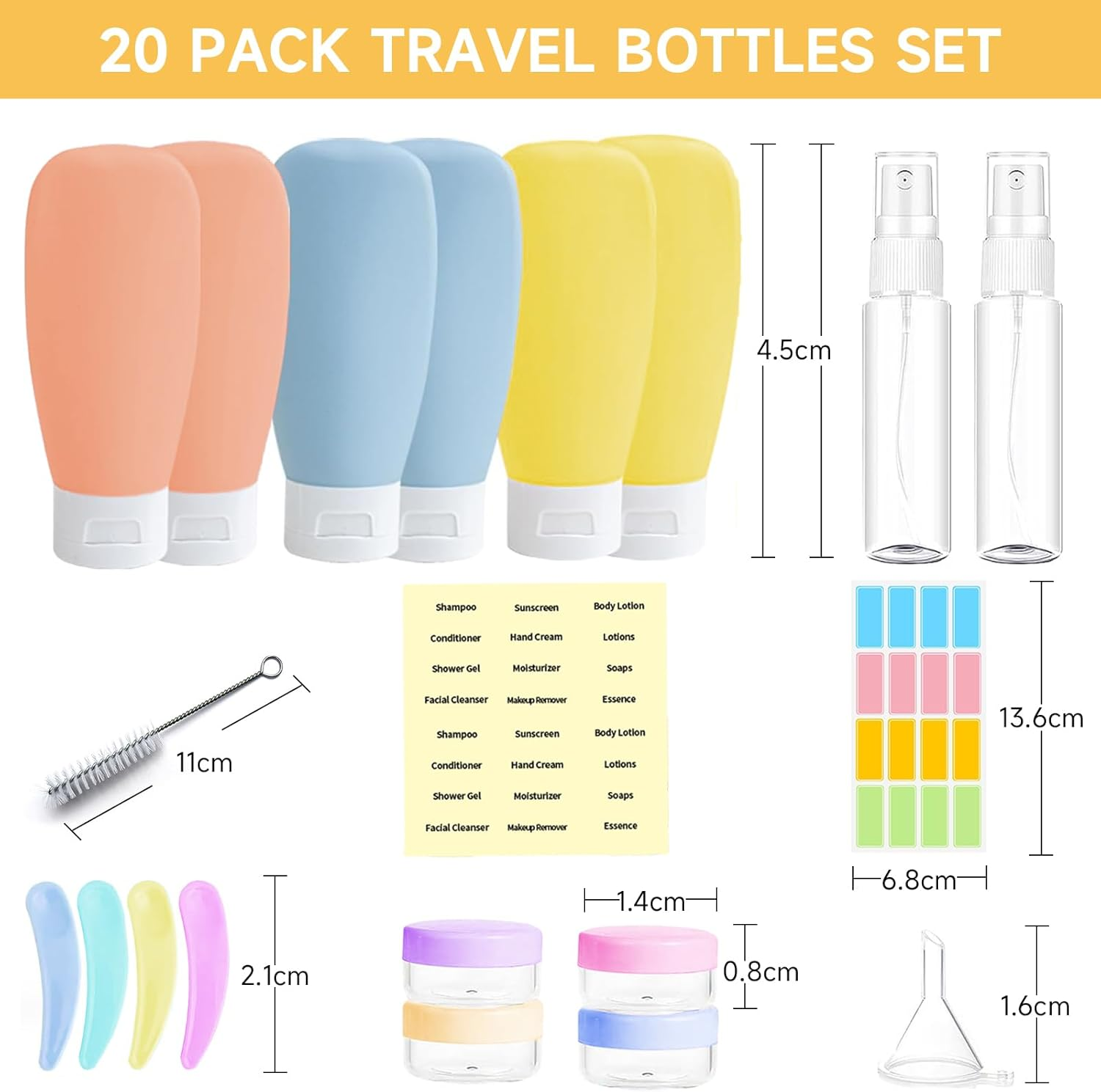 LMXMGRG 20 Pack Travel Bottles Set for Toiletries with Labels Silicone Travel Bottles Leak Proof Refillable Travel Essentials with Clear Toiletry Bag Travel Accessories for Shampoo Conditioner