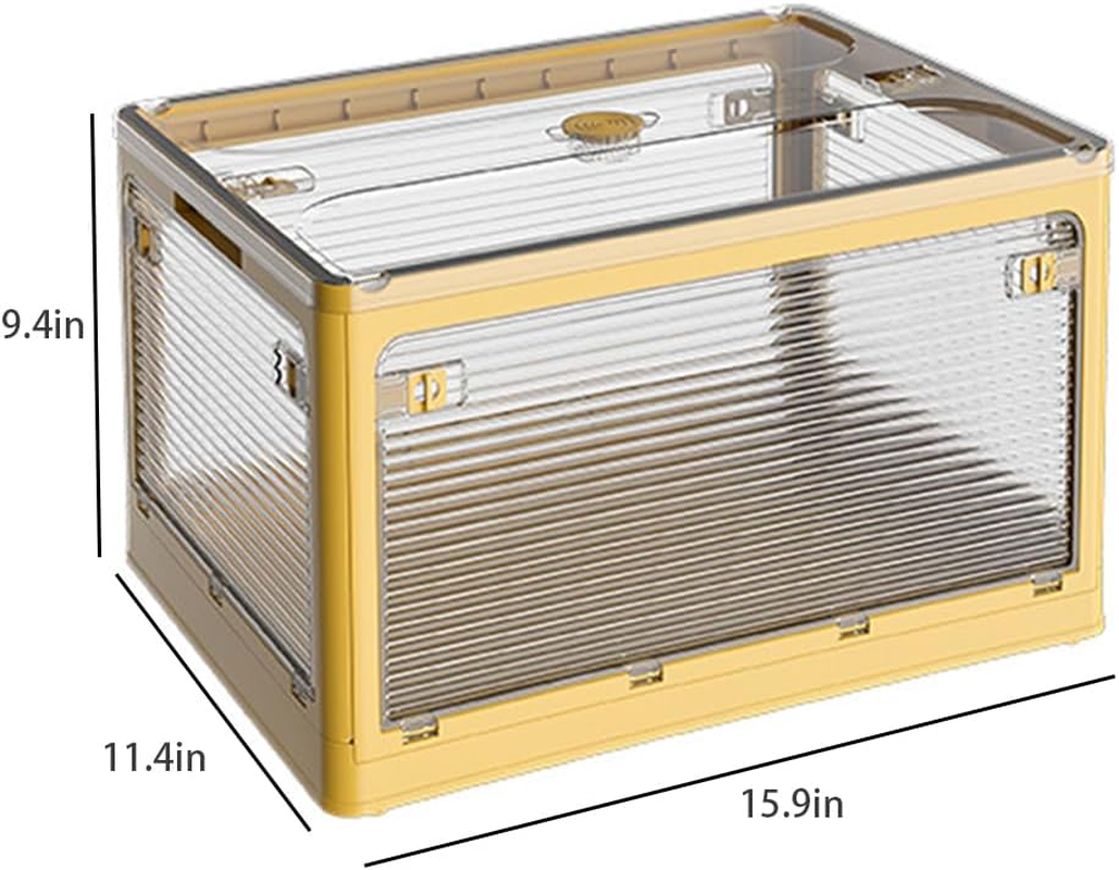 2 Pack Plastic 4 Doors Collapsible Storage Bins with Lid & Wheels Foldable Lidded Storage Containers with Handle Slots Multifunctional Stackable Folding Organizer Cube for Camping Clothes Toys, Yellow image number 2