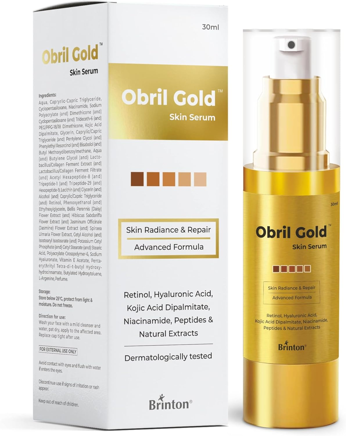 Brinton Obril Gold Skin Serum with Hyaluronic Acid, Retinol and Kojic Acid | Dermatologically Tested | All Skin Types | for Men and Women - 30Ml image number 2