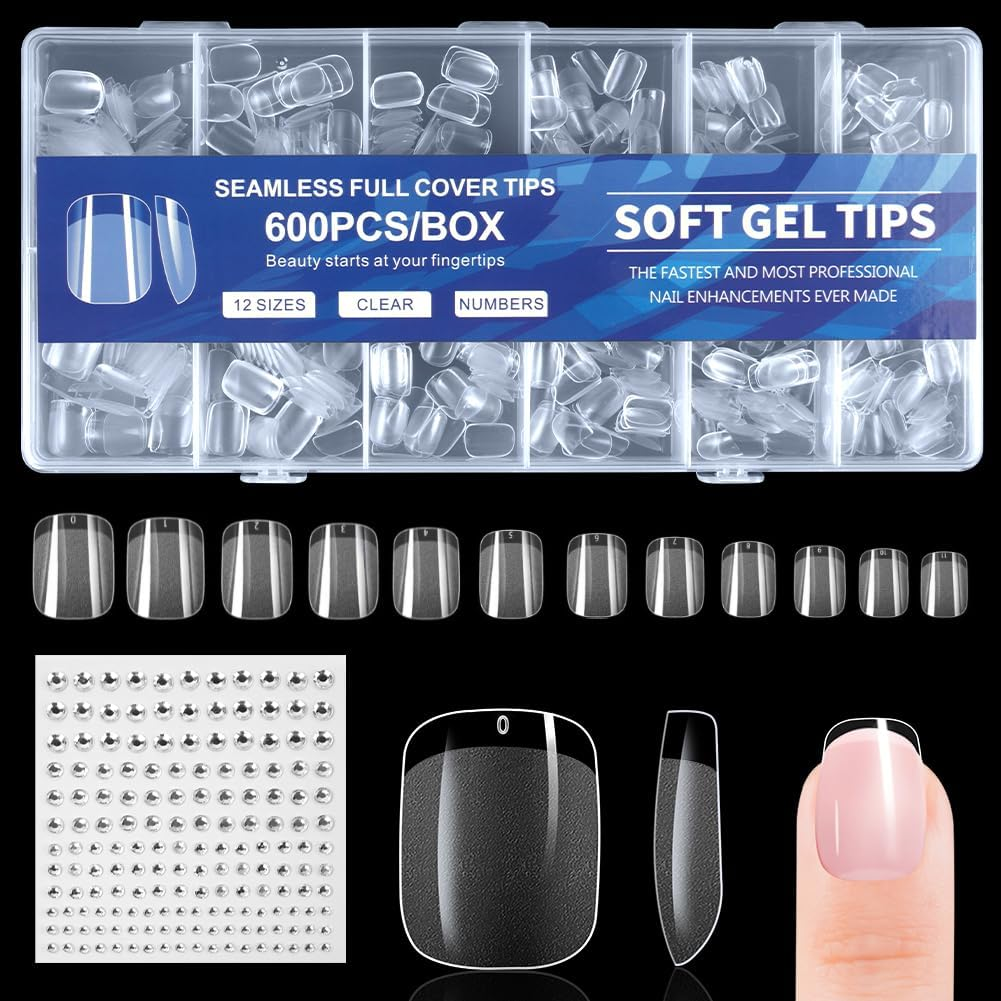 BUTBU 600 Pieces Square False Nails, 12 Sizes Transparent Nail Tips, Short Nail Tips, Gel Nail Tips Full Coverage for Salons Nails, DIY Manicure
