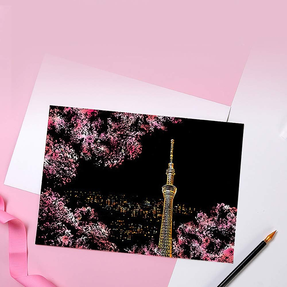 Scratch Art for Kids & Adult, Magic Rainbow Flower Engraving Painting Paper, Landscape Scratchboard(A4) Sketch Beautiful Crafts Set: 8 Sheets with 4 Tools - Drawing Pens, Cleaning Brush(Girl/Sakura) image number 2