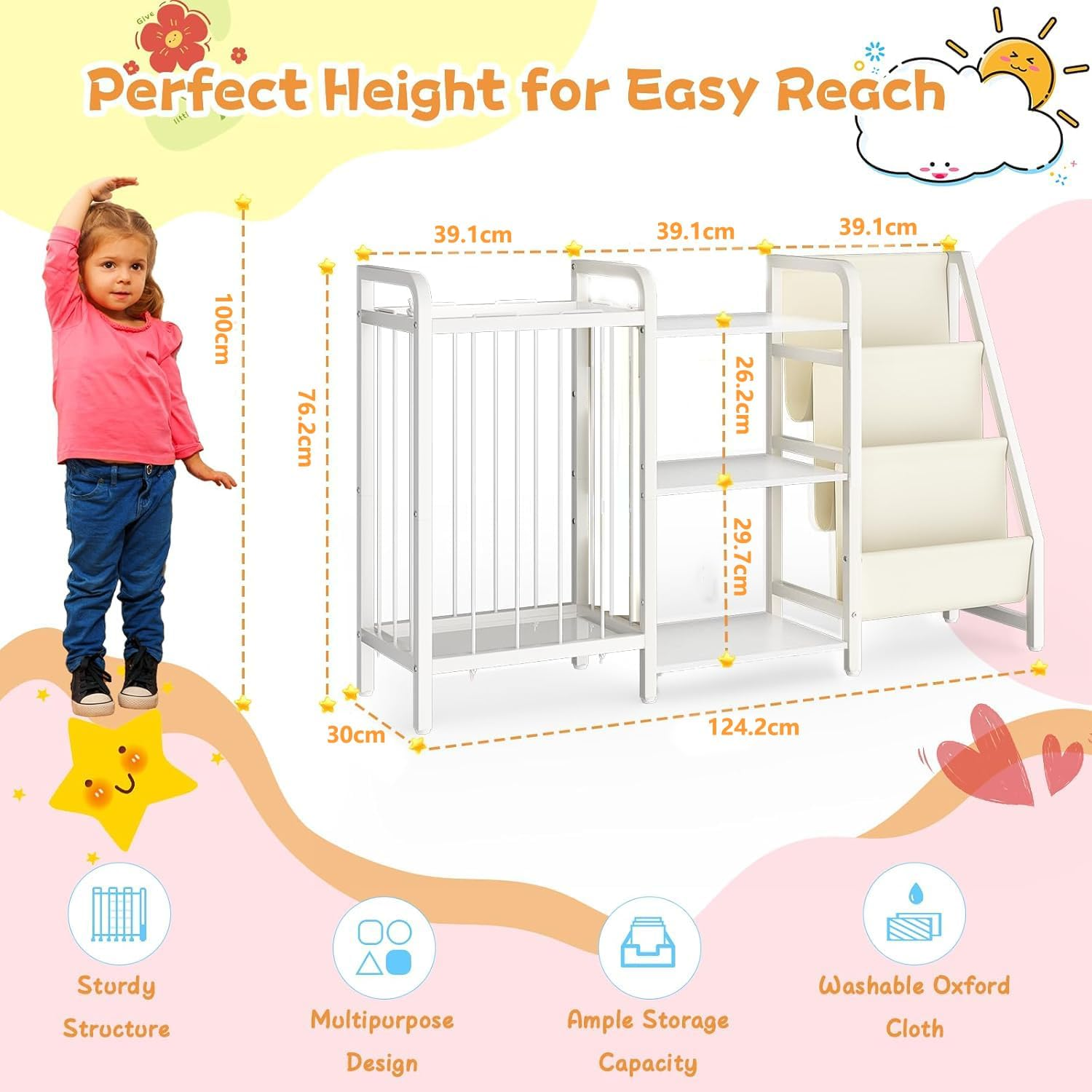 Children'S Book Shelf and Toy Organizer, 3 Tier Book Shelf for Kids Rooms,Sling Baby Bookcase with Stuffed Animal Organizer, Montessori Toddler Bookshelf for Children'S Room,Nursery, Bedroom, Playroom image number 5