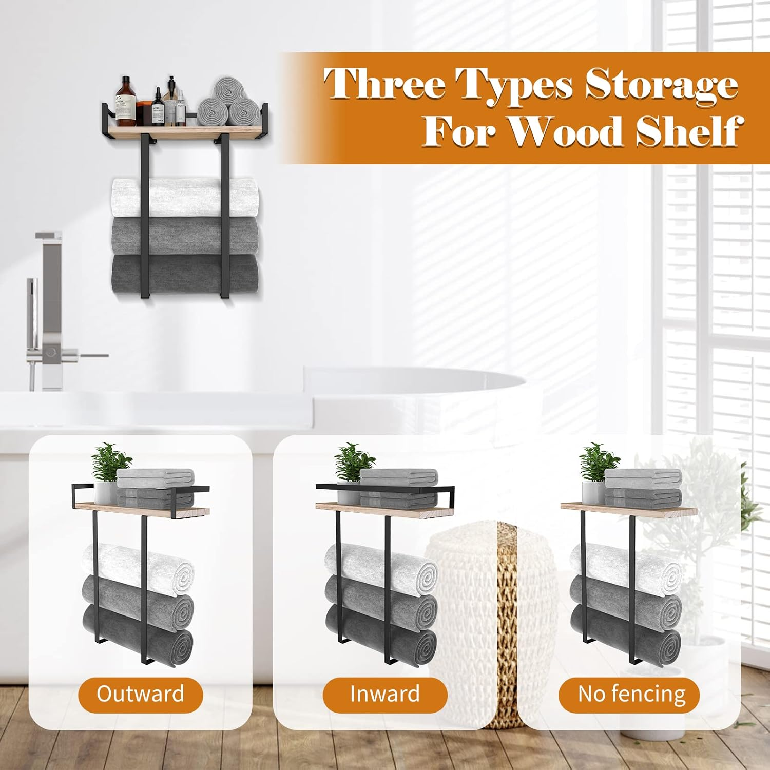 Towel Racks for Bathroom Wall Mounted, Xstydes Metal Towel Holder with Wooden Shelf for Folding Large Towels, Towel Storage for Small Bathroom Organizer Decor or RV Camping image number 3