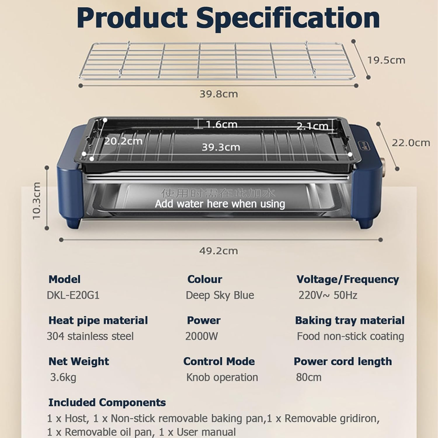 Electric BBQ Grill, 2-In-1 Smokeless Electric Grills with Removable Grill & Non-Stick Baking Pan, Portable Korean BBQ, Knob Temperature Control, 2000W, Dishwasher Safe - Blue image number 3