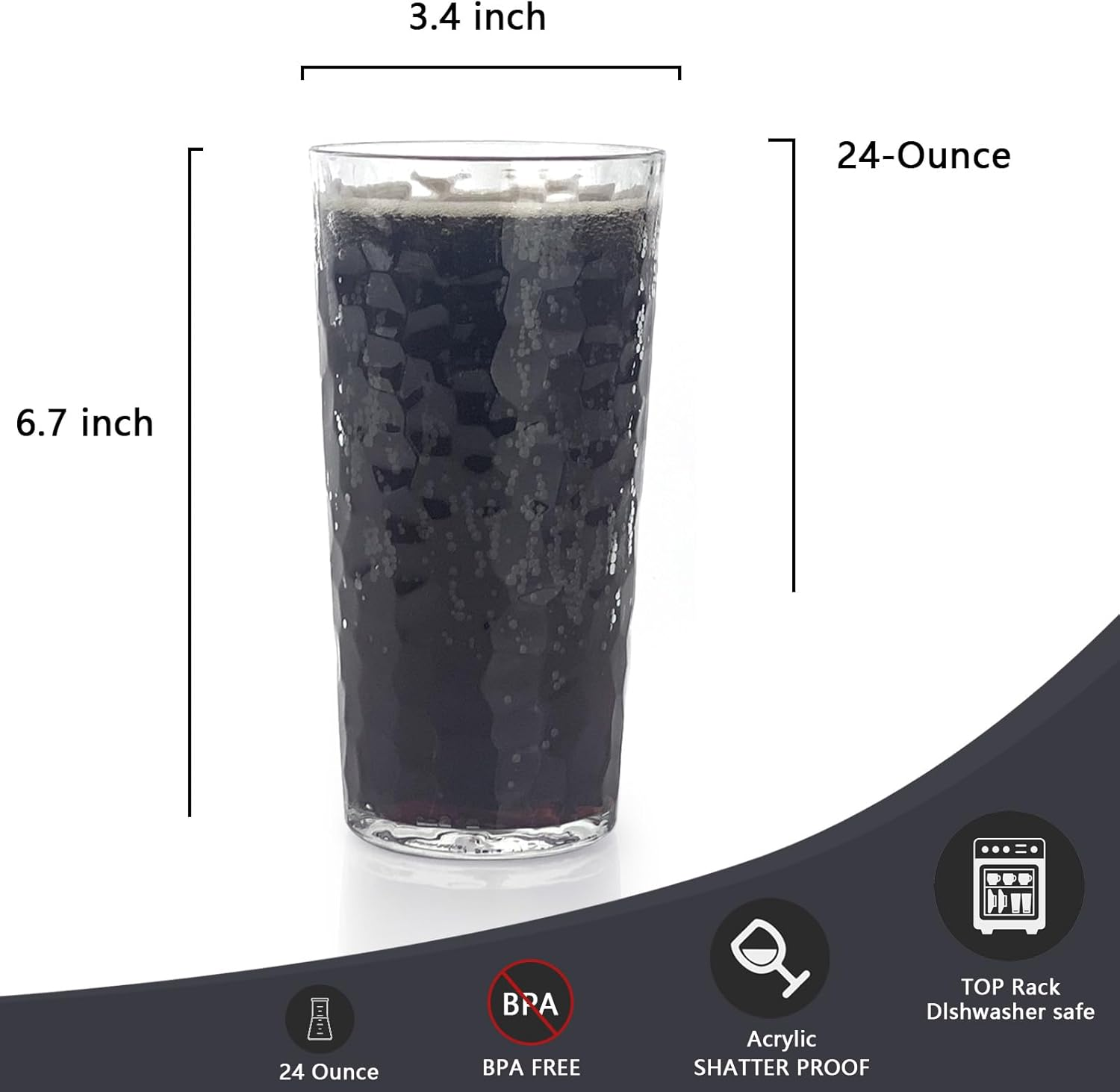 Yalin 24-Ounce Plastic Tumbler Acrylic Drinking Glasses, Reusable Plastic Cups, Stackable, Bpa-Free, Shatter Proof, Dishwasher Safe, Set of 8, Large, Clear, TG142 - Blue image number 6