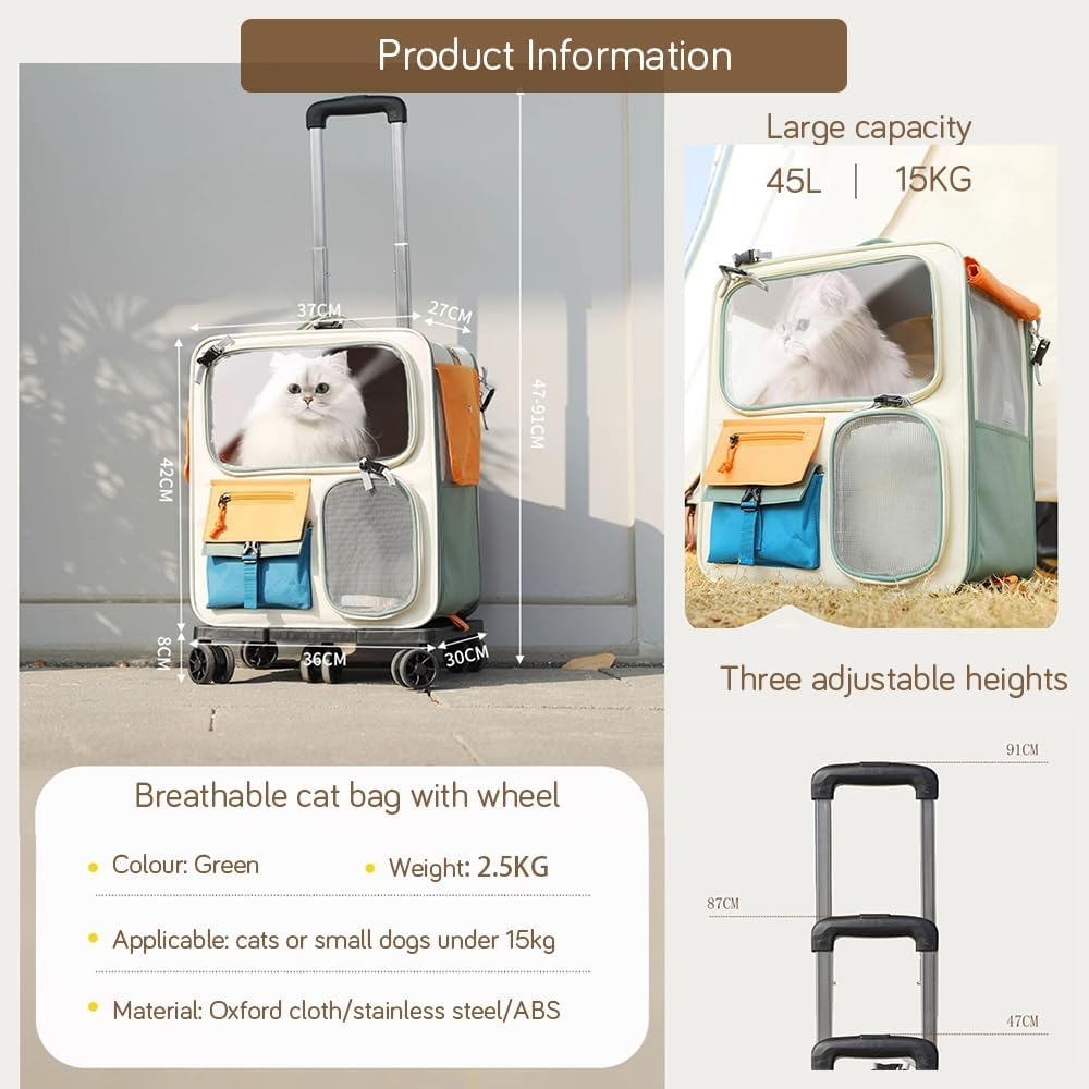Extra Large Pet Carrier with Wheels, 42X36X27Cm Collapsible Soft-Sided Cat & Small Dog Carrier (Up to 15Kg), Travel Carrier with Telescopic Handle for Car, Airplane, Walking image number 1