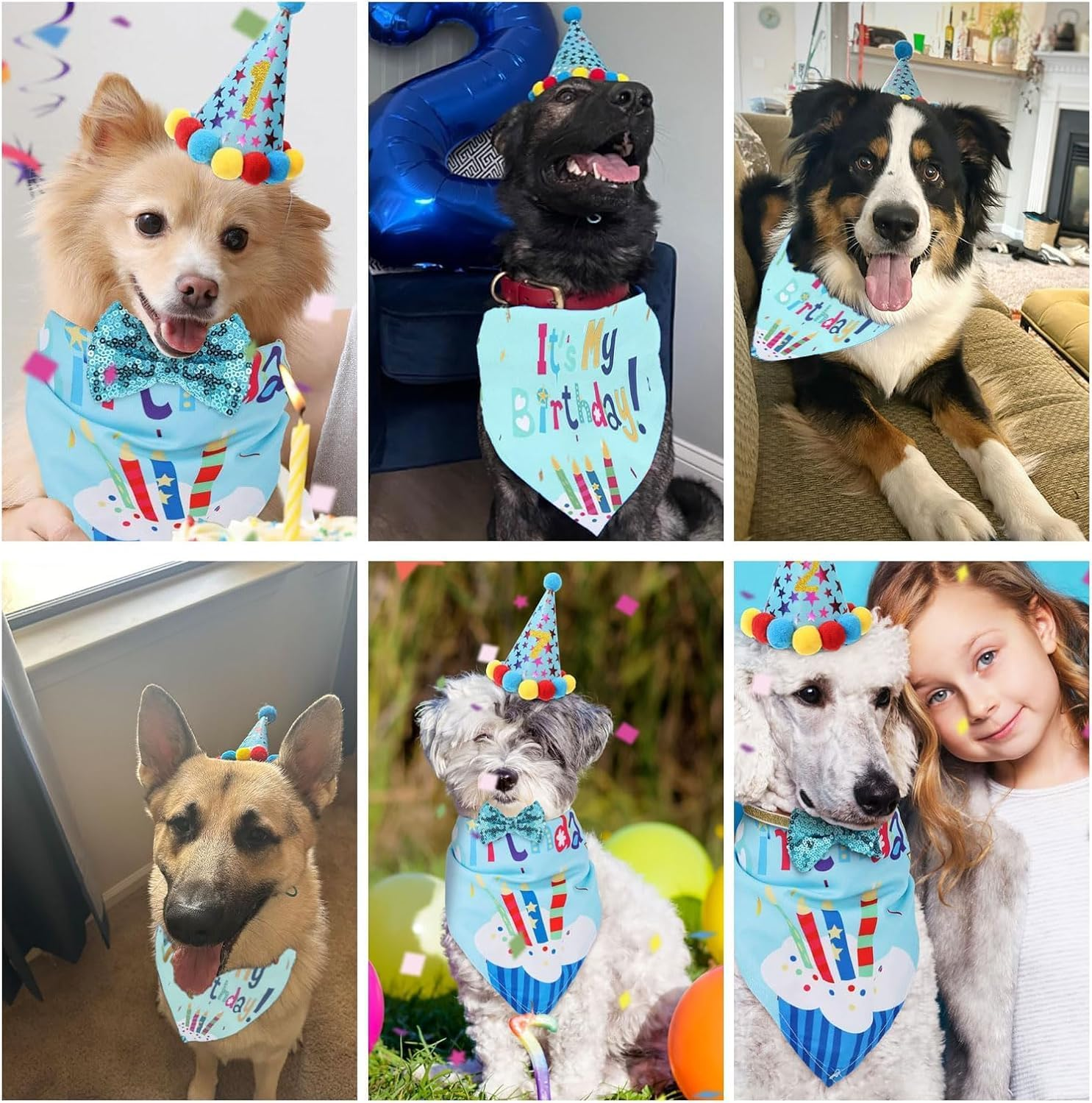 Dog Birthday Hat Bandana Party Decorations, Reusable Dog First Birthday Supplies with Banner Bowtie Numbers Crown, Cute 1St Large Puppy Girl Happy Birthday Outfit Shirt, One Size for Dogs Pet (Blue) image number 3