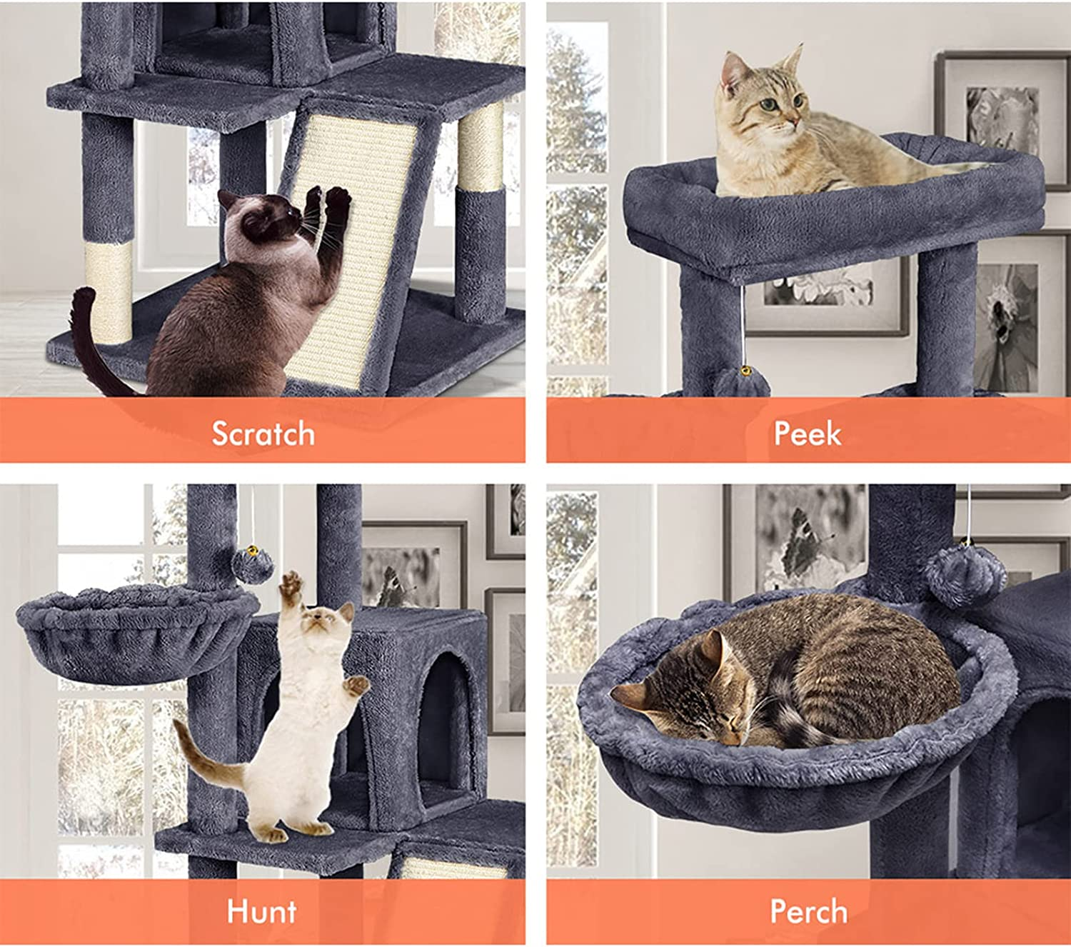 BEASTIE Cat Tree 100Cm Multi-Level Cat Tower with Scratching Posts, Cat Condo Play House Wood Furniture for Kittens Climbing and Rest, Sisal-Covered Cat Scratcher Tower with Plush Perch in Grey Colour - Grey image number 3