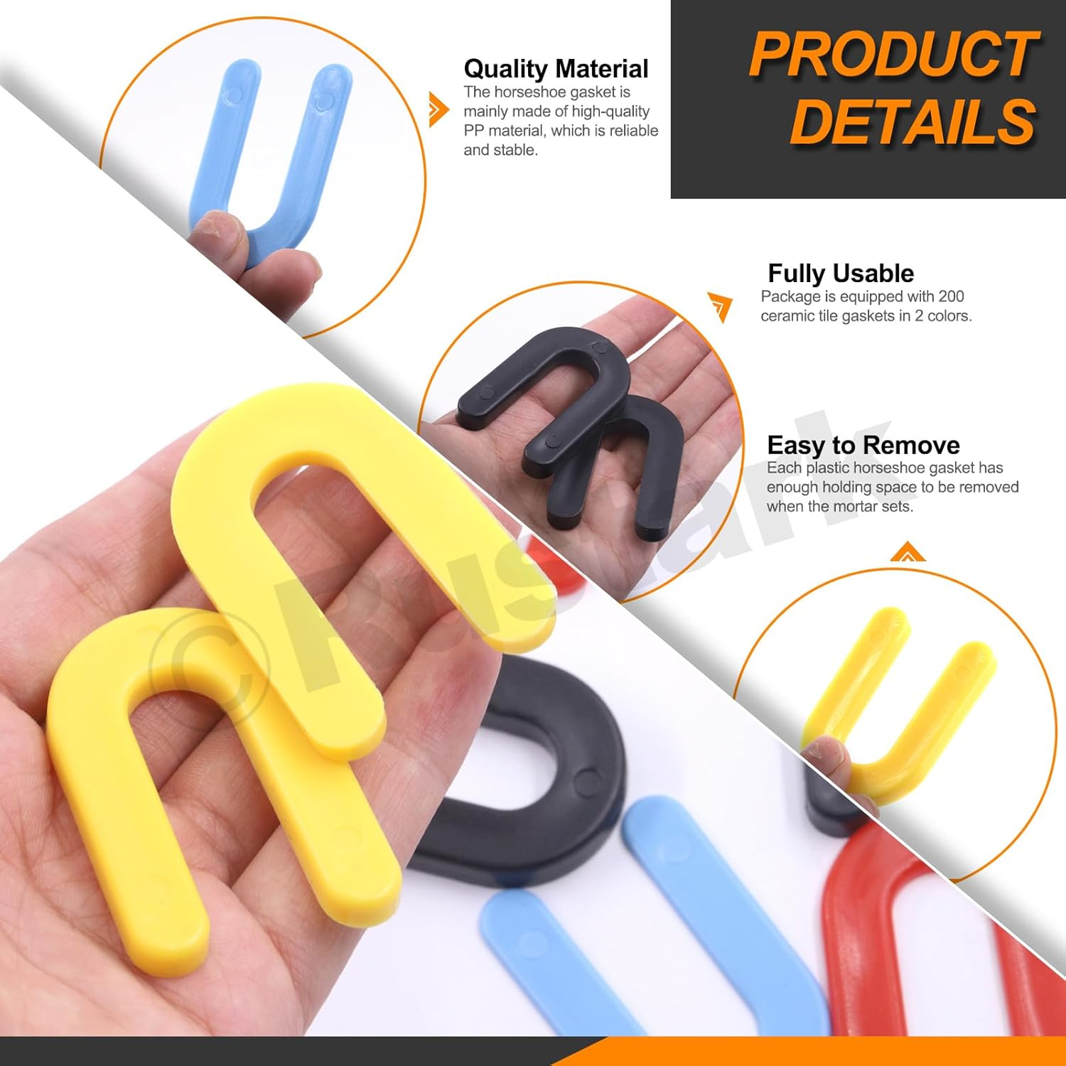 Rustark 200Pcs 4 Sizes Plastic Shims U Shaped Horseshoe Shim Tile Spacers Assortment Kit Black 1/4Inch, Yellow 3/16Inch, Red 1/8Inch, Blue 1/16Inch image number 3