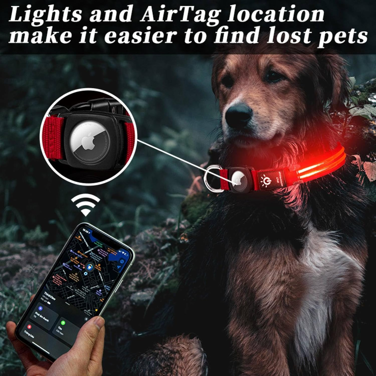 Airtag Dog Collar, Dog Collar Light, Dog Collar Airtag Holder, Waterproof, USB Charging, Night Walking Dog Light/173 (Color : Red Fiber Optic Model, Size : Large) image number 5