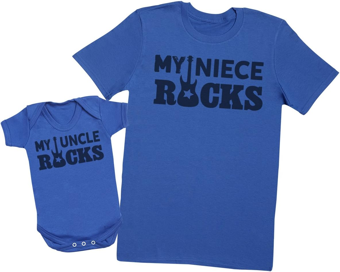Zarlivia Clothing My Niece Rocks - Matching Uncle Niece Gift Set - Mens T Shirt & Baby Bodysuit - Blue - Small & 3-6 Months image number 2