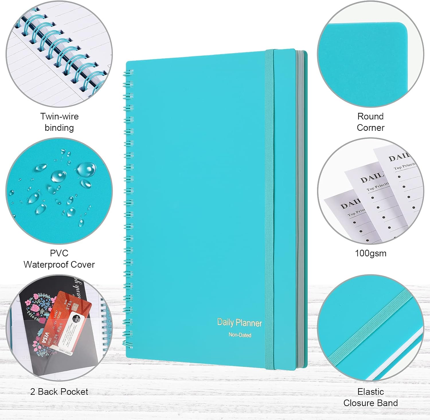 Daily Planner Undated, Asten to Do List Notebook Hourly Schedules Spiral Appointment Planner for Men and Women,Pvc Hardcover,Elastic Closure, Inner Pocket 8.3" X 5.8" (Blue) image number 6