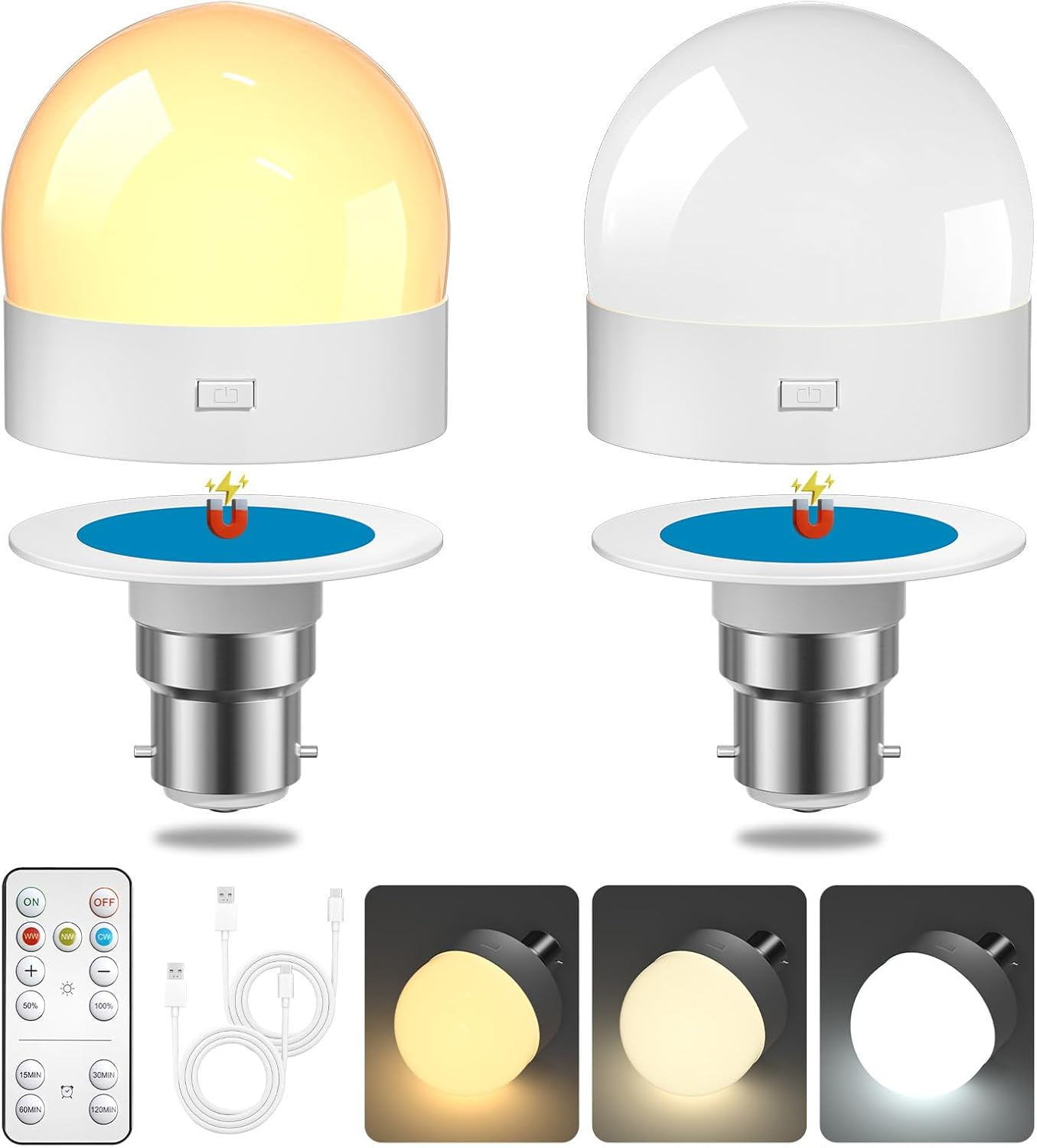 LED Light Bulbs,Remote Control,40W Equivalent,300Lumens,B22 Detachable Charging,3 Timers,5 Dimmers,Led Emergency Puck Lamp, Type-C Charging image number 1