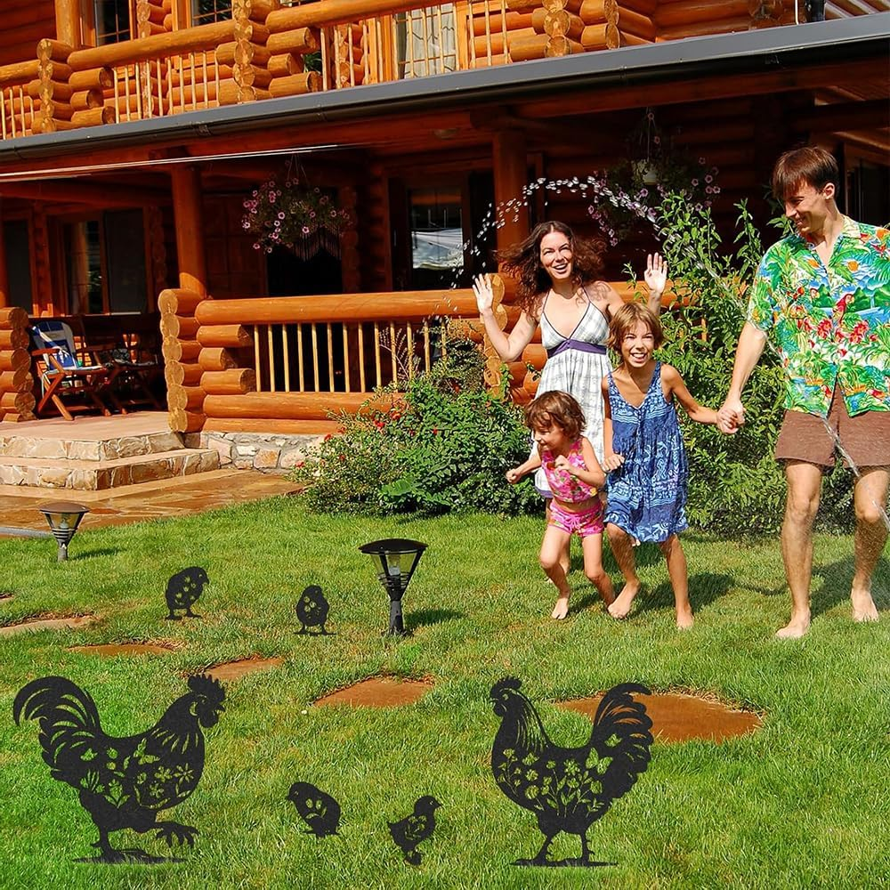 Black Metal Rooster Garden Statues &ndash; 6PCS Chicken Yard Art, Durable Outdoor Decor for Lawn, Patio, and Farmhouse. Lifelike Hen and Rooster Silhouette Stakes image number 3