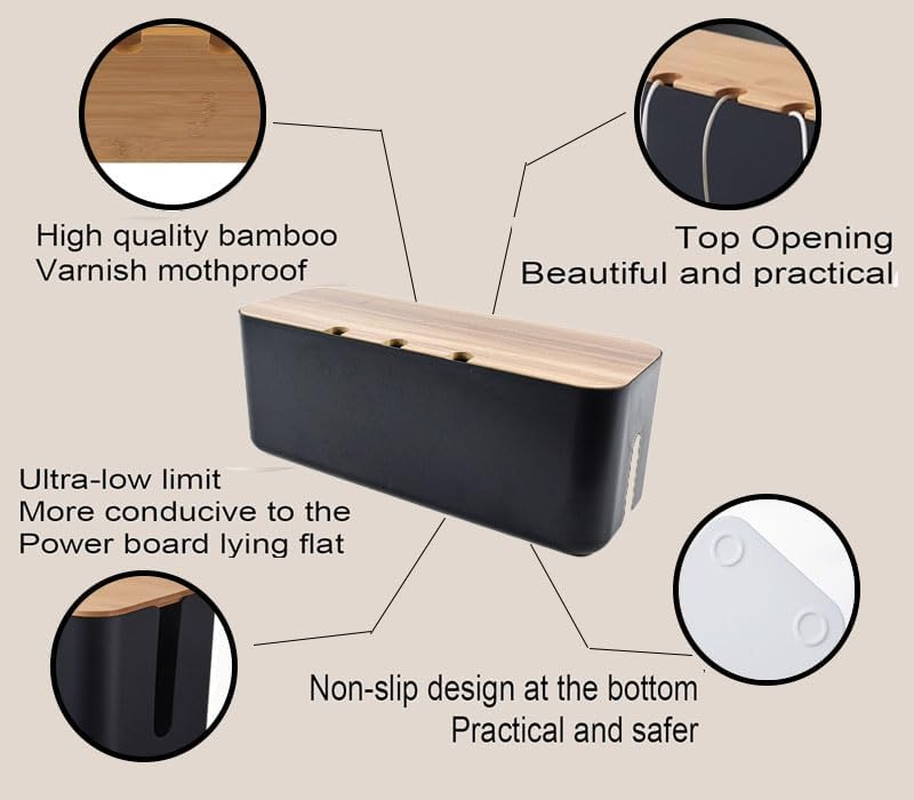 WADY Cable Management Box, Bamboo Cover Cable Management Box, Wires Keeper Holder, Cord Organizer for Desk TV Computer USB Hub System to Cover and Hide & Power Strips & Cords (Black, Small) image number 4