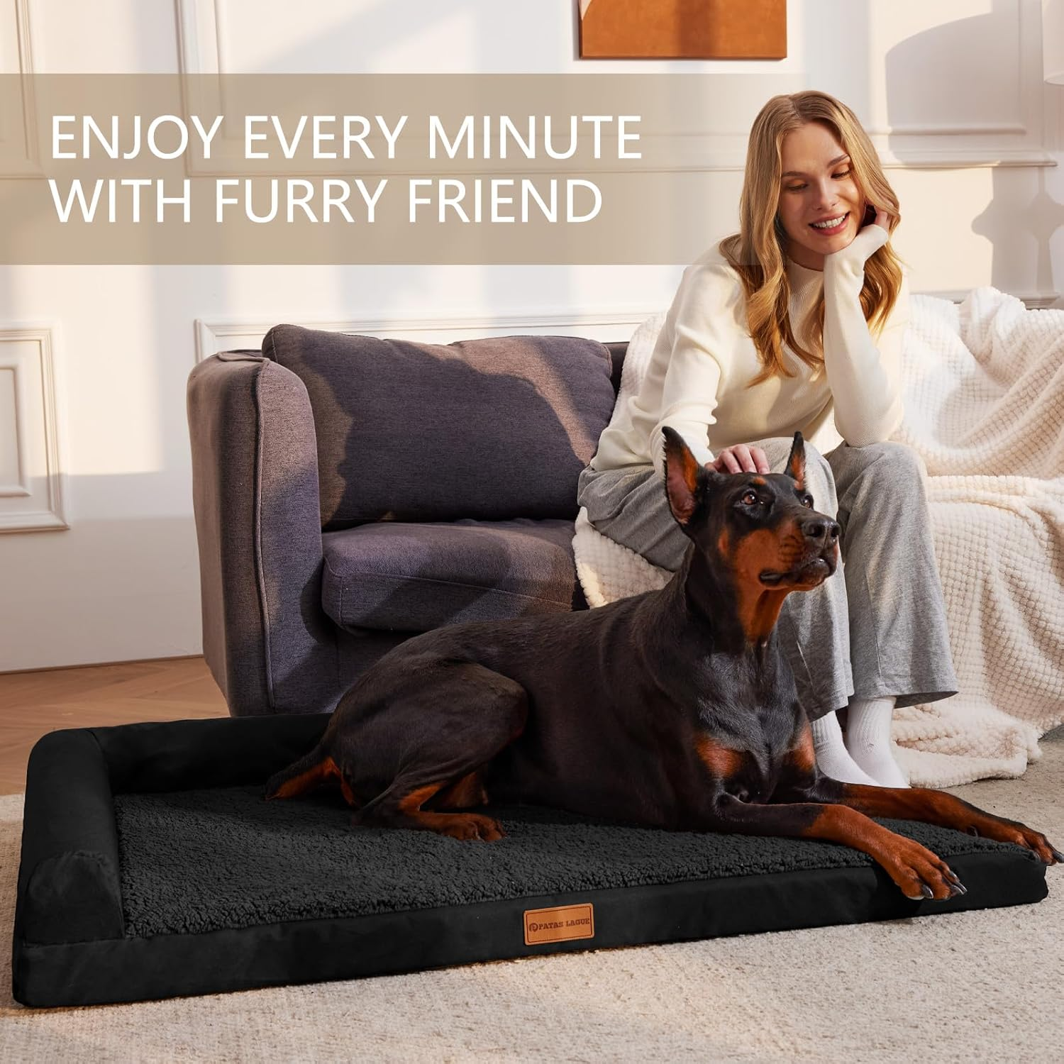 Patas Lague Orthopedic Jumbo Dog Bed for Extra Large Dogs 56''X40'', Waterproof L Shaped Jumbo Pet Sofa Beds with Removable Washable Cover, Soft Comfortable Pet Couch Mat with Nonskid Bottom, Black