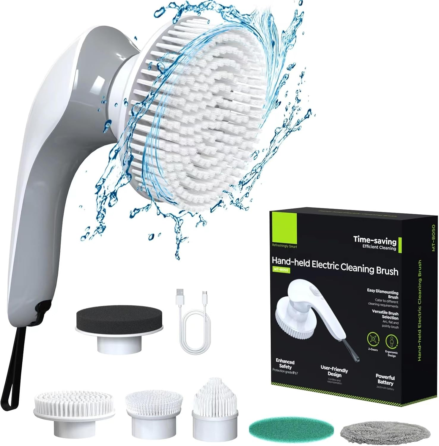 Minthouz Electric Spin Scrubber, Bathroom Cleaner with 6 Replaceable Brush Heads & 2 Adjustable Speeds, IP67 Waterproof Shower Cleaner,Handle Cleaning Brush for Tub Tile Floor Kitchen Bathroom image number 4