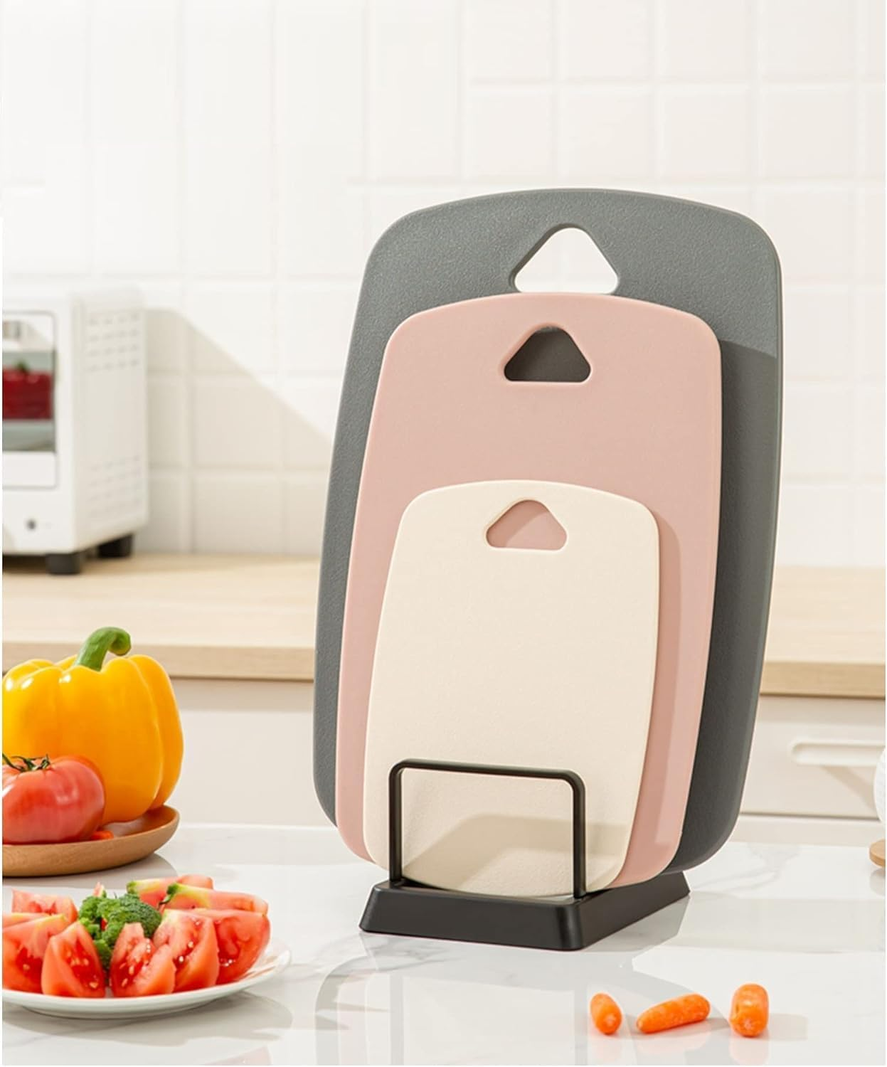 Plastic Kitchen Cutting Board Set, 3 Piece, Thick Chopping Boards for Meat, Veggies, Fruits, with Easy Grip Handle,Dishwasher Safe (Pink) image number 4