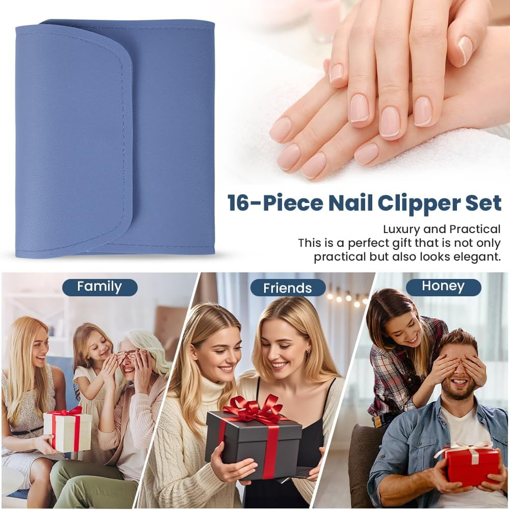 LOPHE Manicure Set, 16-Piece Nail Clippers Pedicure Set with Leather Bag, Professional Nail Care Nail Set for Thickness, Ingrown Nails, Women and Men, Blue - Yellow image number 4