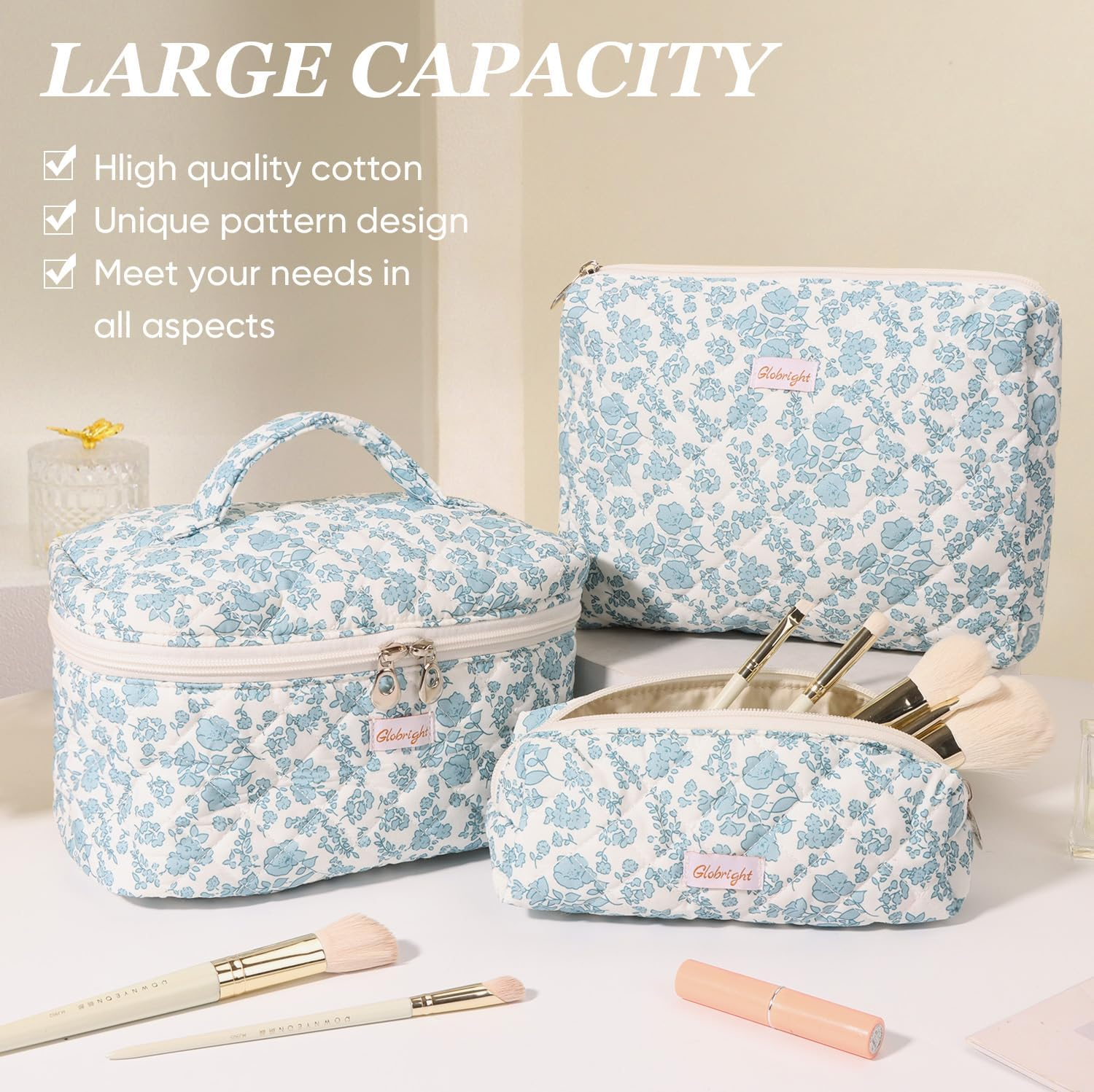 Globright 3 Pieces Makeup Bag Large Checkered Cosmetic Bag, Cotton Make up Bag Travel Toiletry Bag for Mom Girlfriend Wife Women, Floral, Morden image number 3