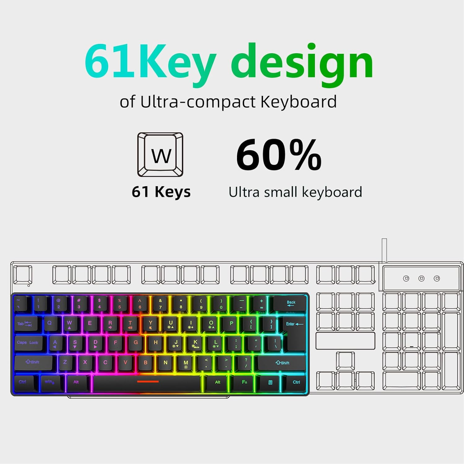 Diyeeni 61 Keys Wireless Gaming Keyboard, 2.4Ghz Wireles Computer Keyboard, 60% Compact Layout Rechargeable Keyboard Supports Sleep Mode for PC Laptop image number 4