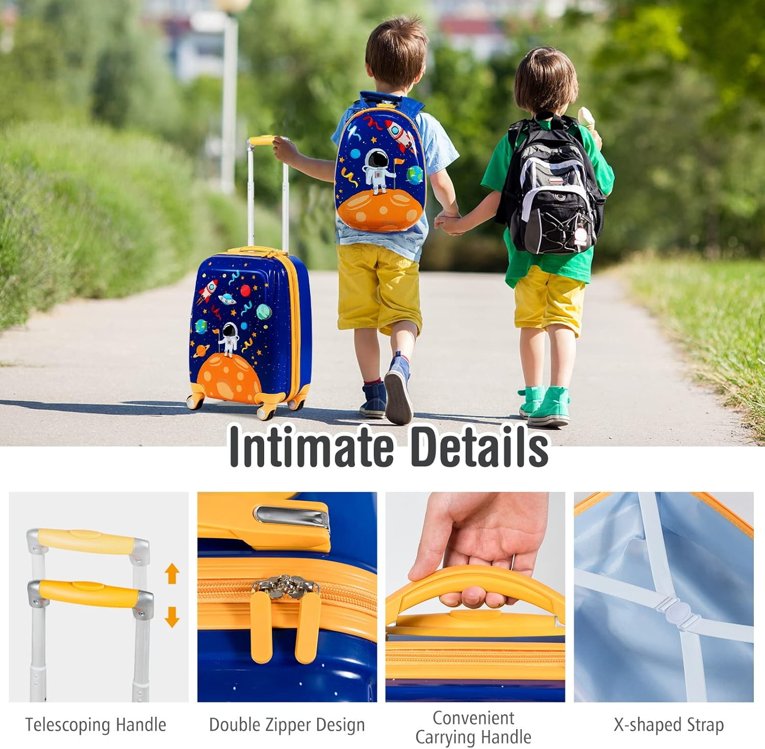 Costway 2PCS Kids Luggage Set, 13" & 18" Carry on Suitcase Set W/Spinner Wheels & Cute Mermaid Pattern, Adjustable Trolley Rod Height & Backpack Shoulder Strap (Astronaut) image number 6