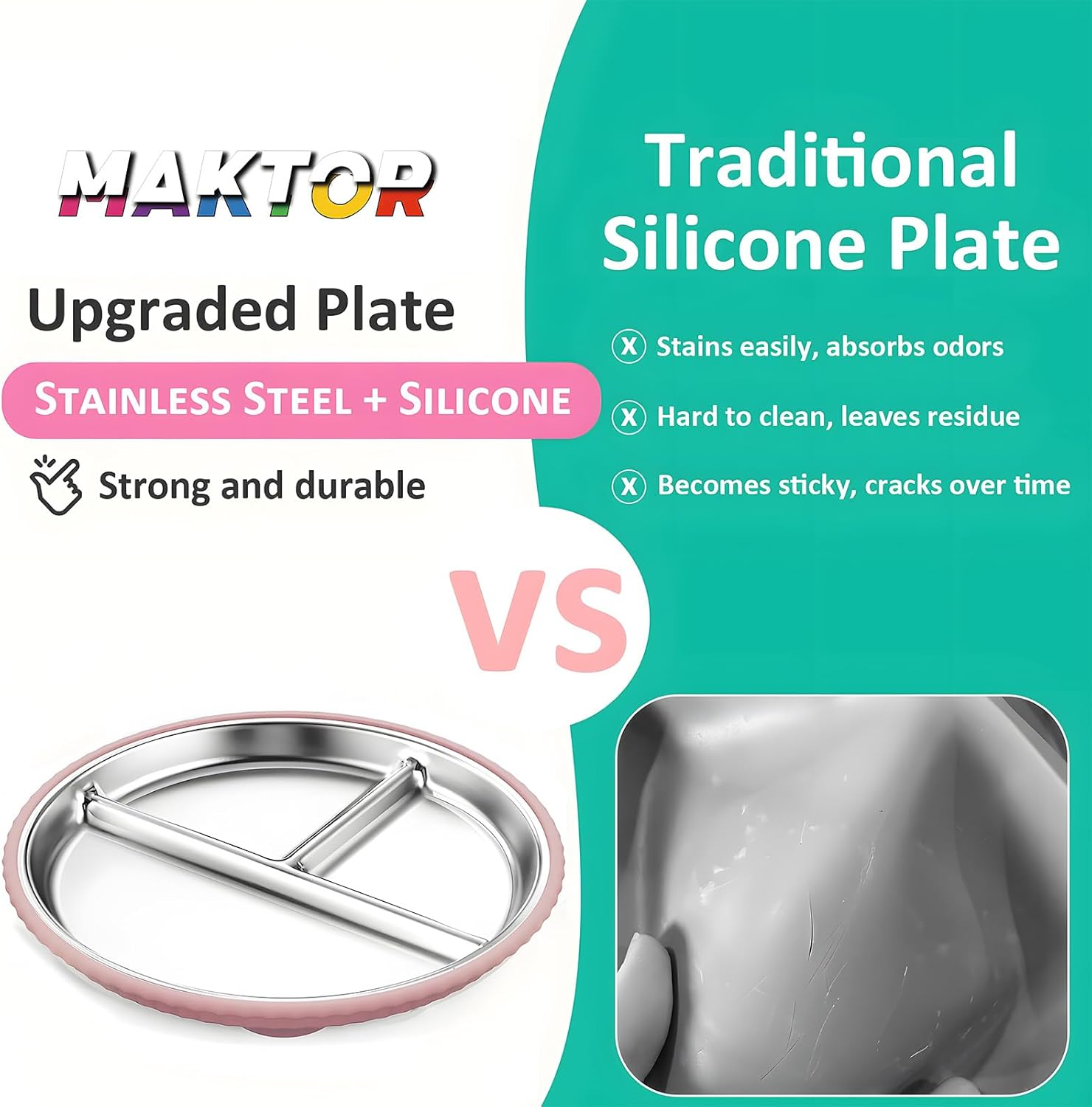 Stainless Steel Toddler Plates 2 Pack, 9" Divided Baby Plates with Suction & Removable Non-Slip Silicone Sleeves, BPA Free, Unbreakable, Dishwasher Safe, Non-Toxic Kids Dinnerware (Pink & Beige) image number 4
