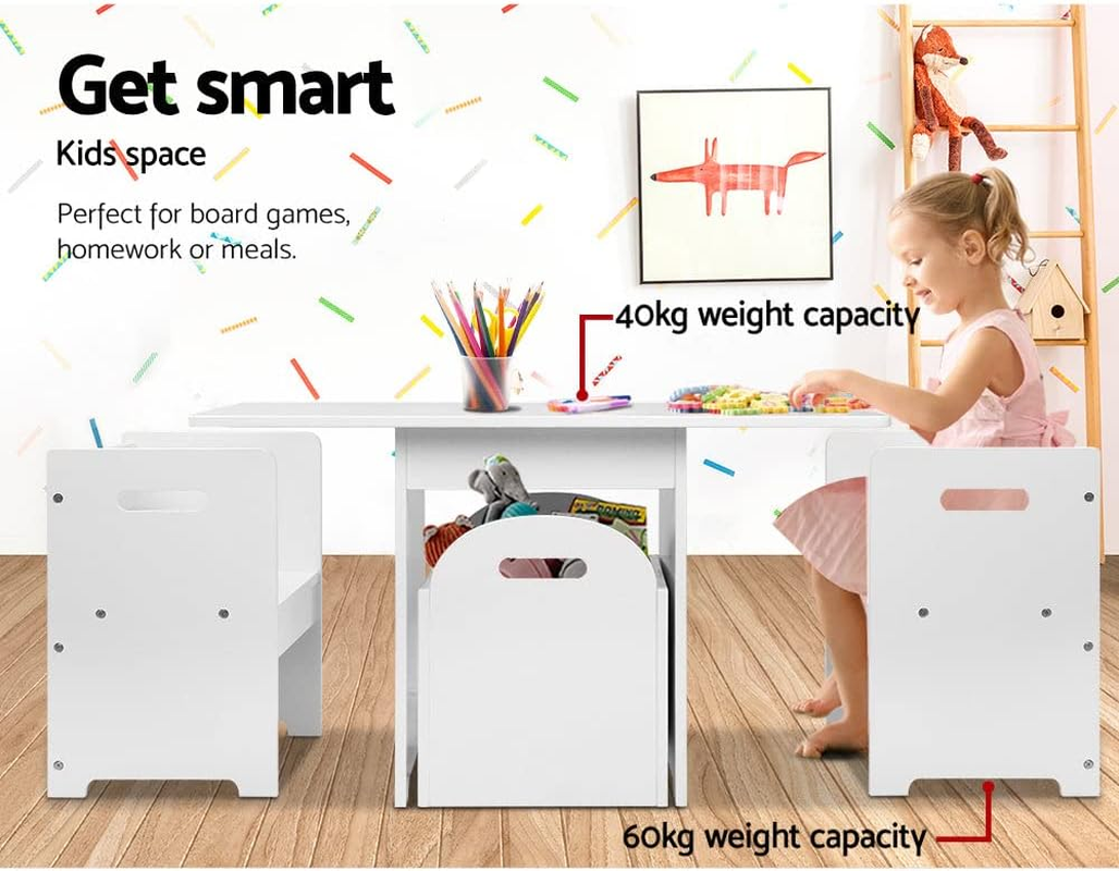 Keezi Kids Table and Chairs with Storage Box, Children Study Chair Desks Dining Tables Drawing Eating Painting Learning Activity Play Setting Home Living Room Bedroom Outdoor Furniture, Durable White image number 1