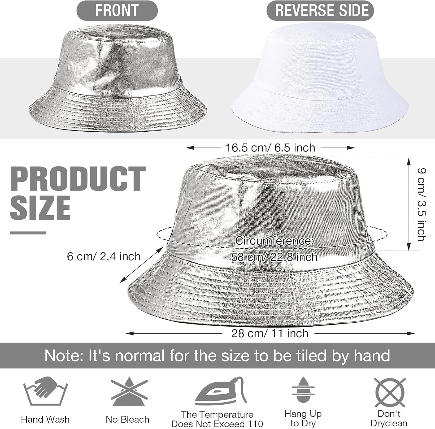 SATINIOR 2 Pcs Metallic Bucket Hat Unisex Trendy Fisherman Hat Reversible Foldable Packable Cap Double Side Hat Hip Hop image number 6