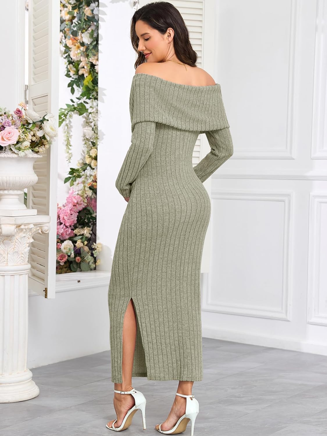 Maternity Sweater Dress off the Shoulder Rib Knit Long Sleeve Dresses with Side Slit for Pregnancy Baby Shower image number 3