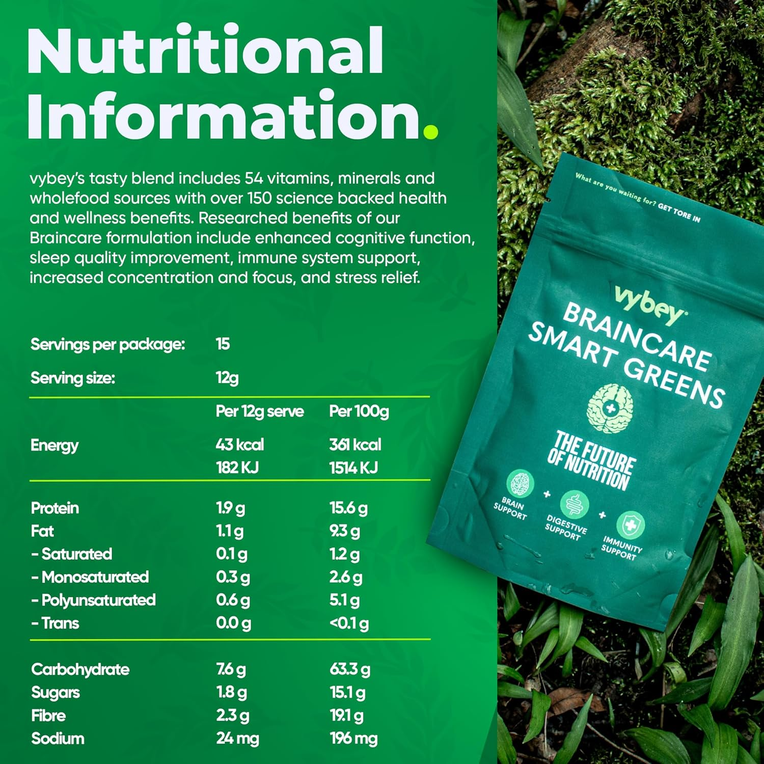 Vybey&reg; Braincare Smart Greens | 54 Nutrient-Rich Formula | Superfoods + Nootropics & Adaptogens | Vegan & Gluten-Free | Mango | Reduces Bloating & Relieves Stress | 180G Pouch (15 Servings) image number 2