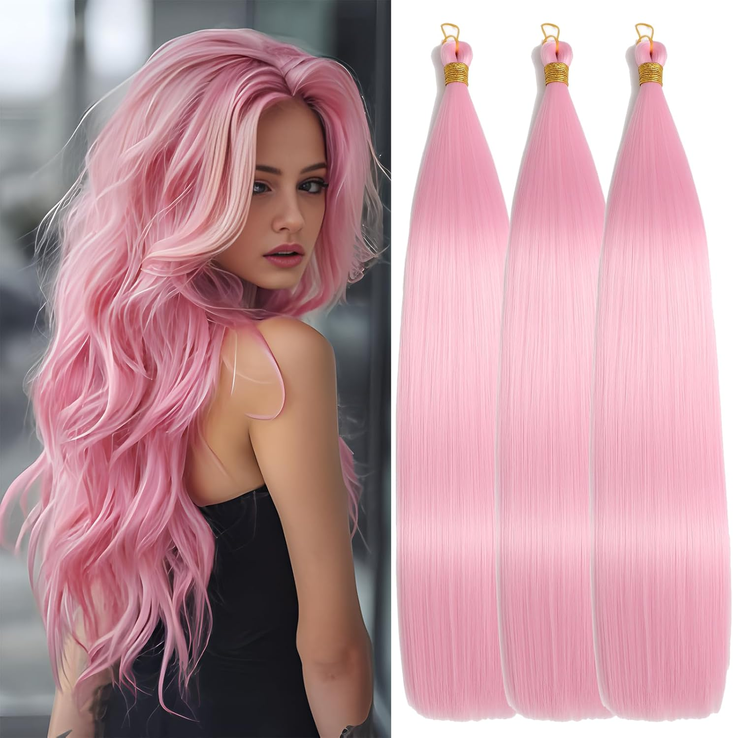 Locescsoc 28 Inch Straight Hair Extensions 150 G 3 Packs Bone Straight Braiding Hair, Soft Synthetic Bundles Crochet Braids Hair Bundles for Braiding (Pink1#, 28 Inch 3 Packs) image number 2