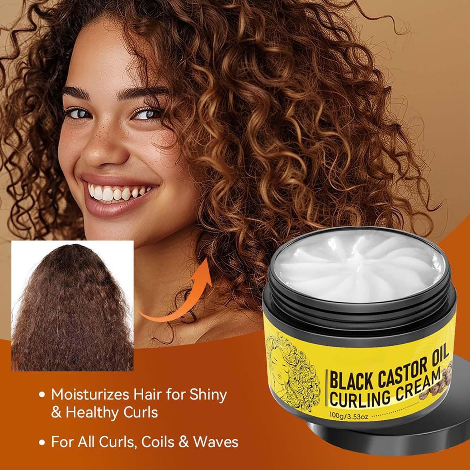 Black Castor Oil Curl Cream, Curl Defining Cream, Non-Sticky, Moisturises, Nourishes and Eliminates Frizz Hair, Curl Enhancer and Frizz Control for Curly Hair, 100 G image number 1